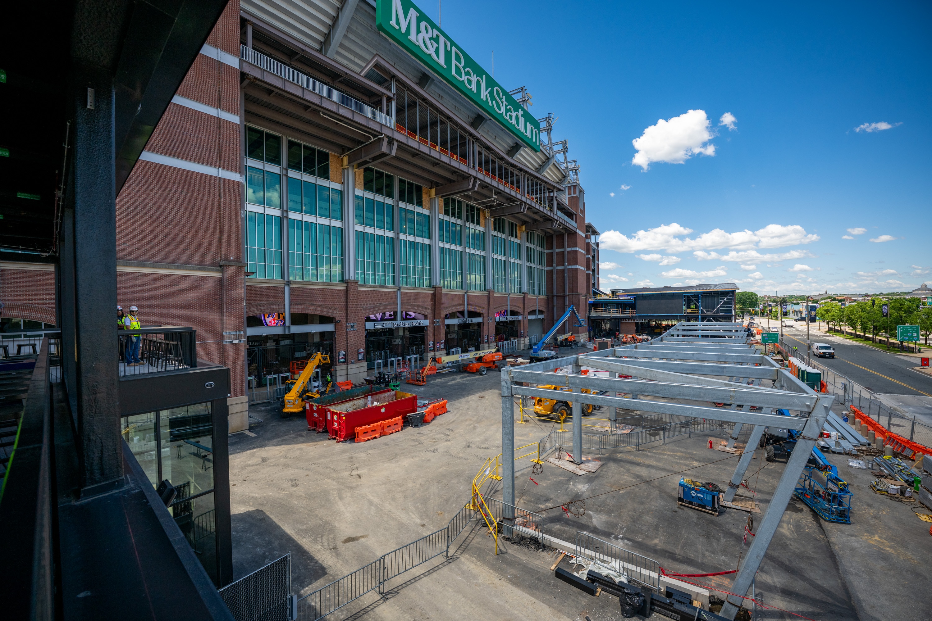 New construction on the North Plaza at M&T Bank Stadium extends the secure perimeter with a canopy-covered entrance closer to Hamburg Street.
