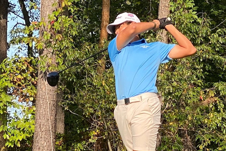 River Hill's Benjamin Siriboury tees off on the seventh hole at the Timbers at Troy on Wednesday afternoon.