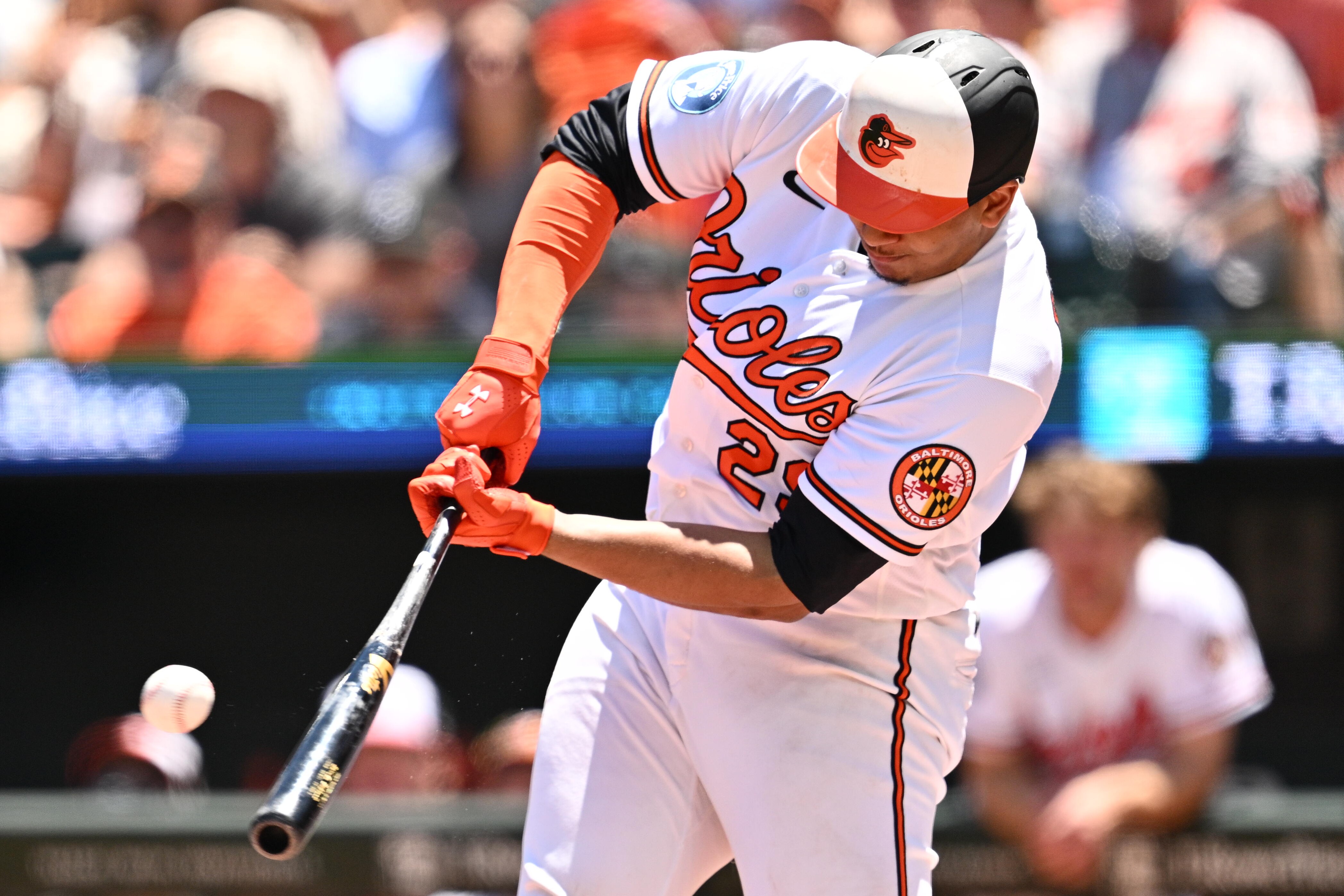 Catcher Samuel Basallo hits an RBI double in the third inning Sunday on his way to going 2-for-3 in a 9-5 win over the Blue Jays.
