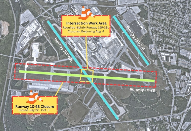 A birds-eye view of BWI airport showing which airport runway is undergoing repaving work.