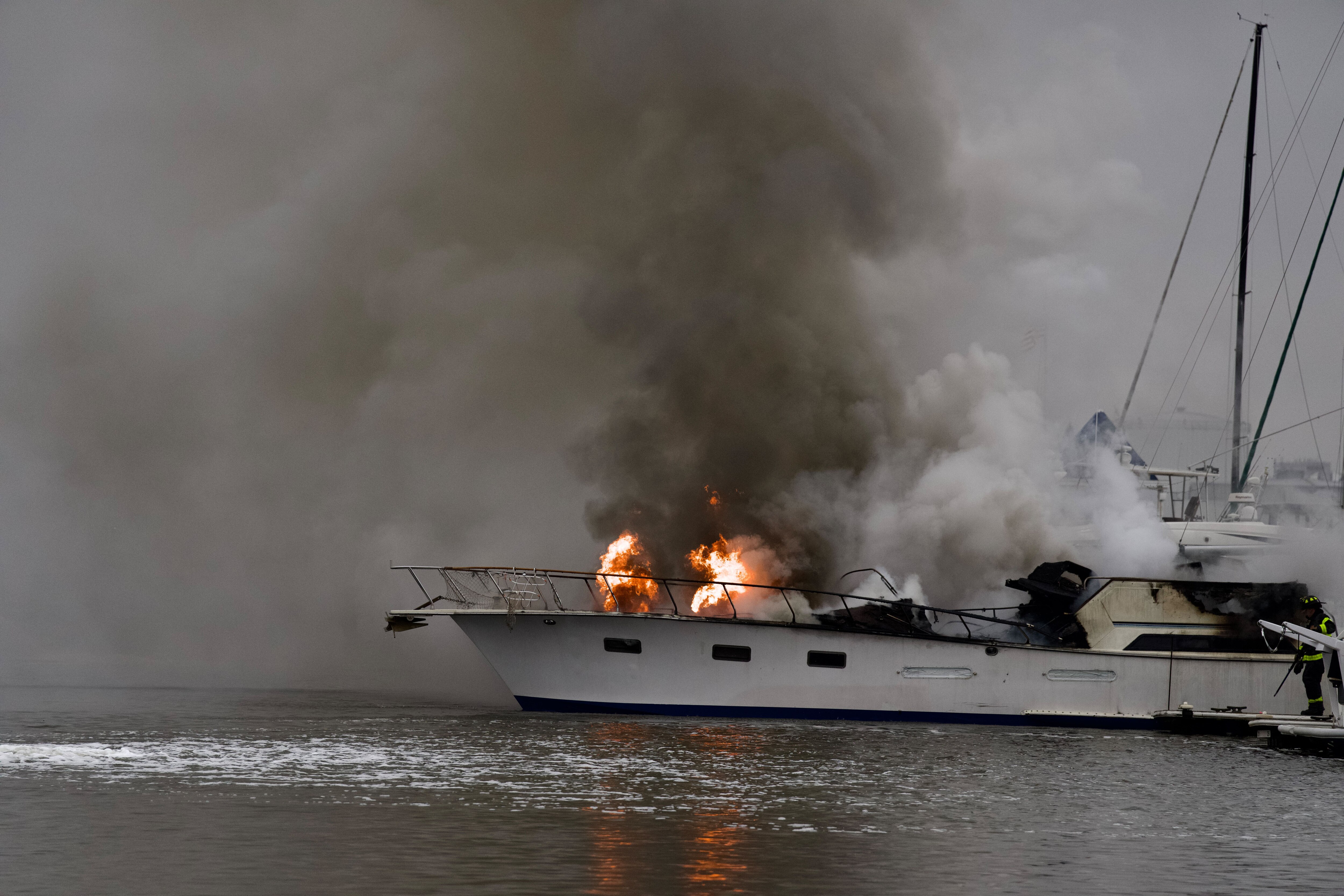 Fire and emergency crews respond to a blaze at a marina in Canton, Baltimore, on Jan. 31, 2024.
