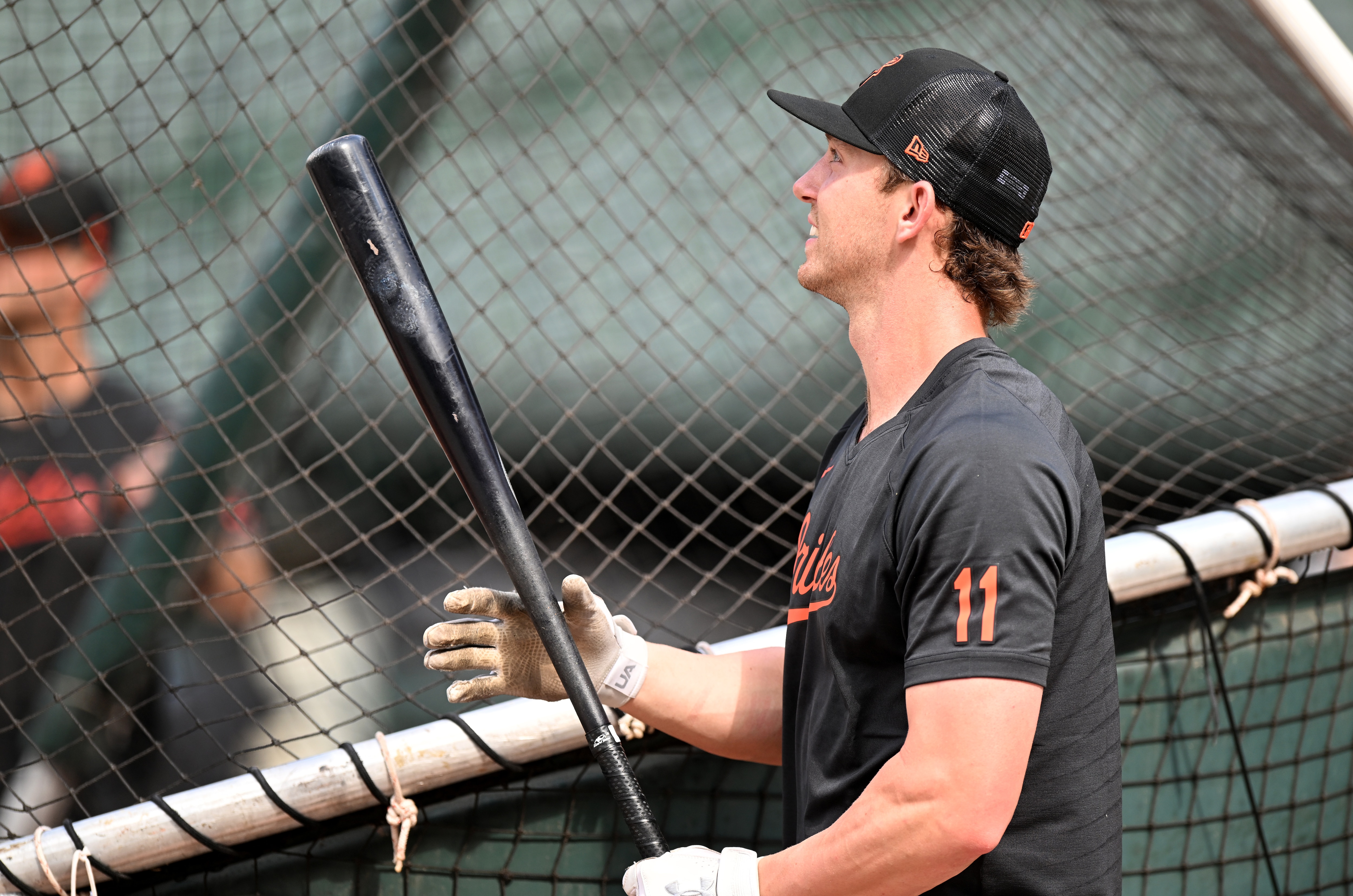 Jordan Westburg, No. 11 of the Baltimore Orioles, takes batting practice before his major league debut against the Cincinnati Reds at Oriole Park at Camden Yards on June 26, 2023 in Baltimore, Maryland.