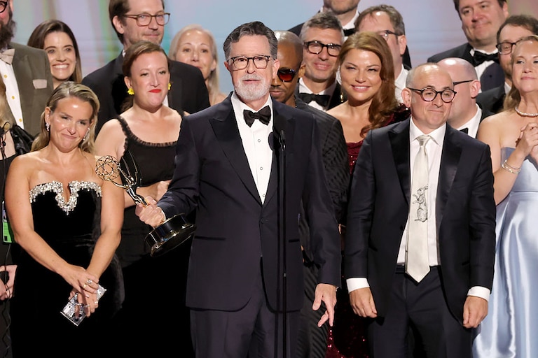 Stephen Colbert and crew accept the Outstanding Variety Series Award for "The Late Show with Stephen Colbert" onstage during the 78th Primetime Emmy Awards.