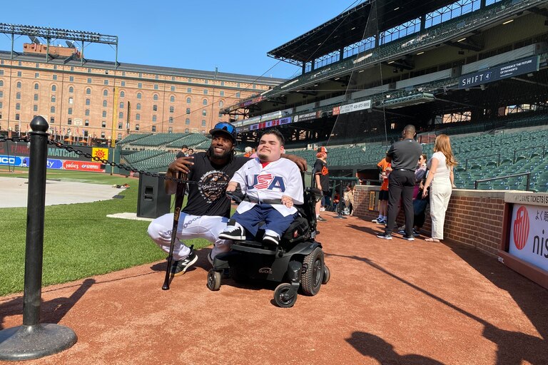 Orioles outfielder Cedric Mullins poses with A.J. Rodriguez, a Twitch streamer who made the now-famous "I can't escape him" video.