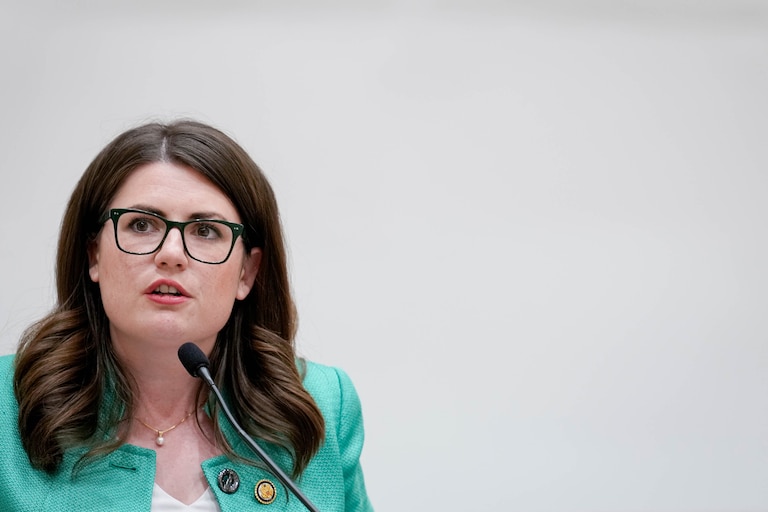 Rep. Sarah Elfreth gives remarks during a U.S. Congressional town hall meeting at Howard Community College’s Kahlert Complex in Columbia, Md. on Tuesday, March 11, 2025.