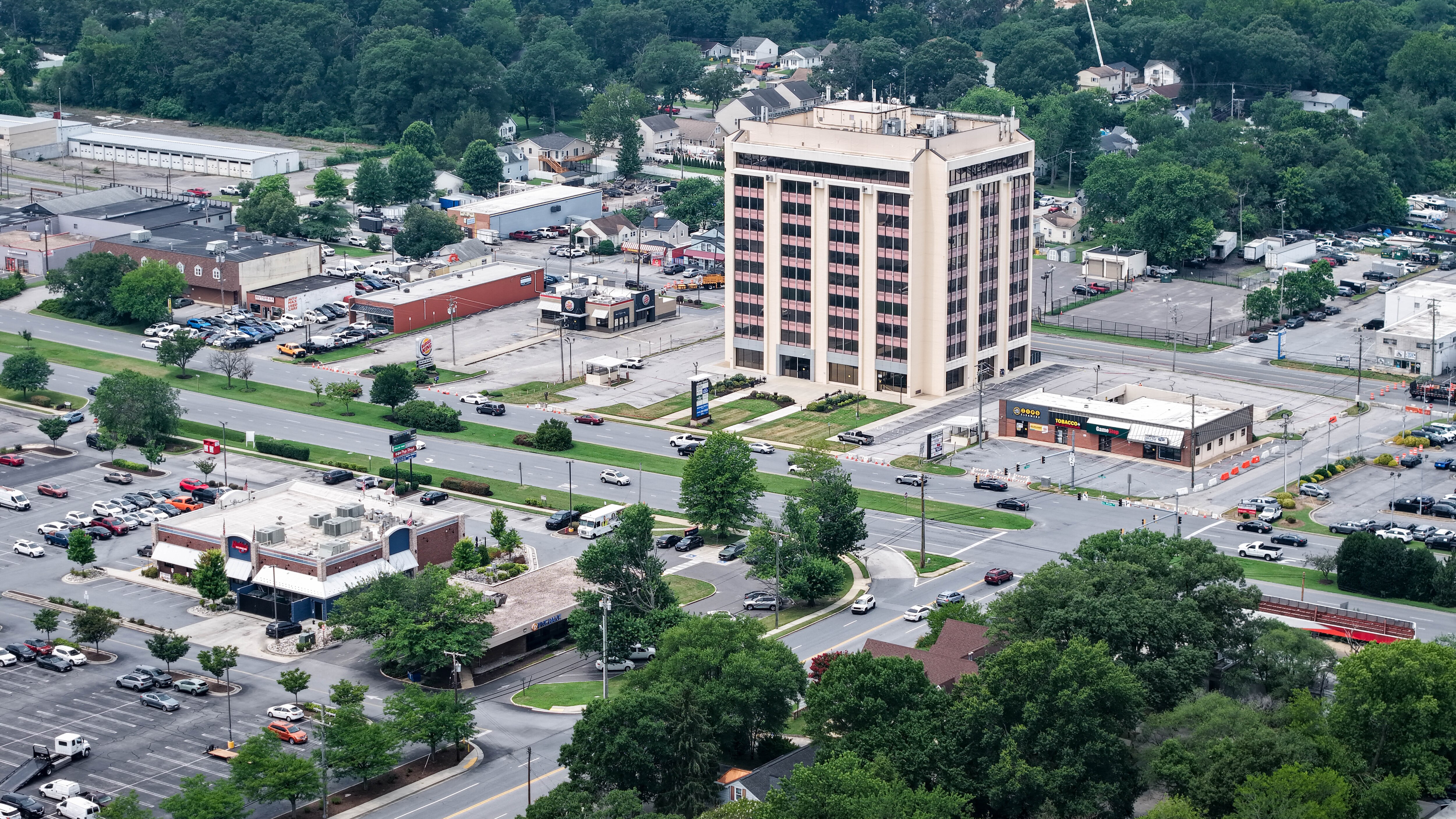 Aerial view of Empire Towers, a 10-story office building in Glen Burnie, the day after it was evacuated for structural integrity issues.