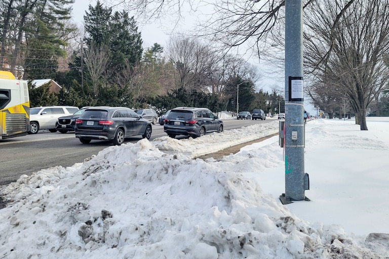 Snow blocks an intersection near Western High School off Falls Road on Tuesday.