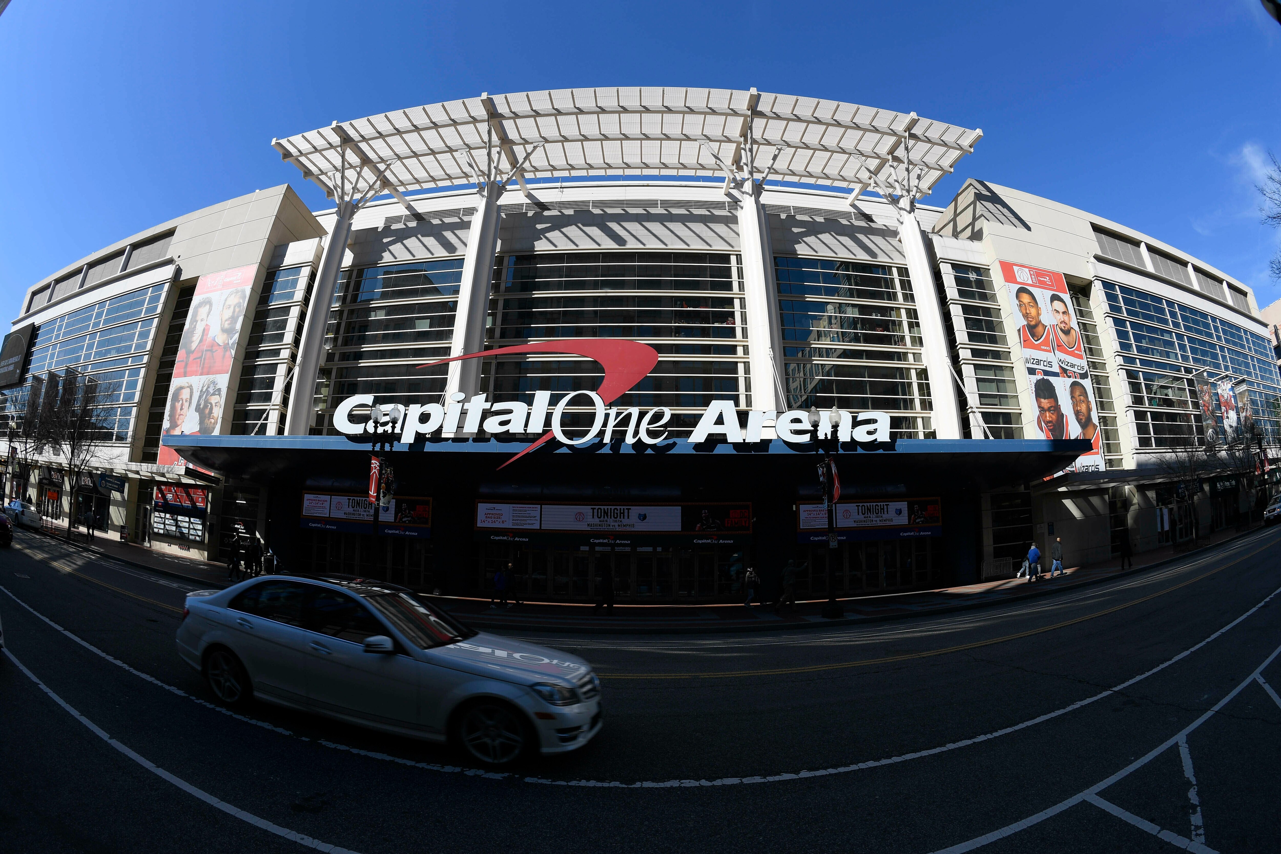 FILE - An exterior view of Capital One Arena, home of the NBA's Wizards and NHL's Capitals, is seen Saturday, March 16, 2019, in Washington.