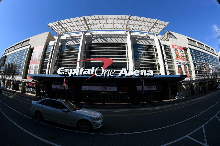 FILE - An exterior view of Capital One Arena, home of the NBA's Wizards and NHL's Capitals, is seen Saturday, March 16, 2019, in Washington.
