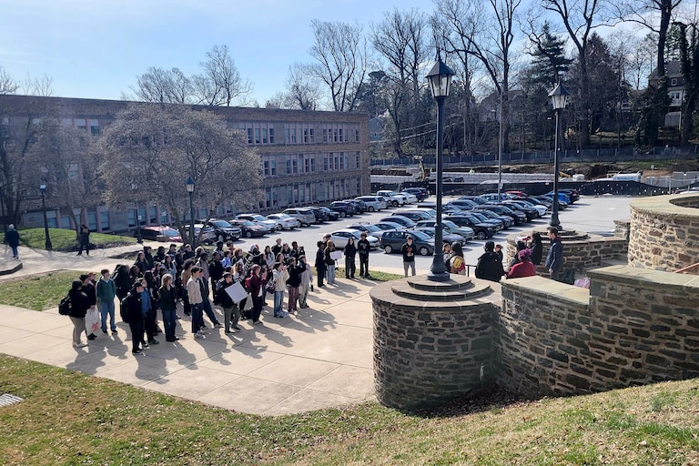 Students gather for a walk out at Towson High School on Friday morning.