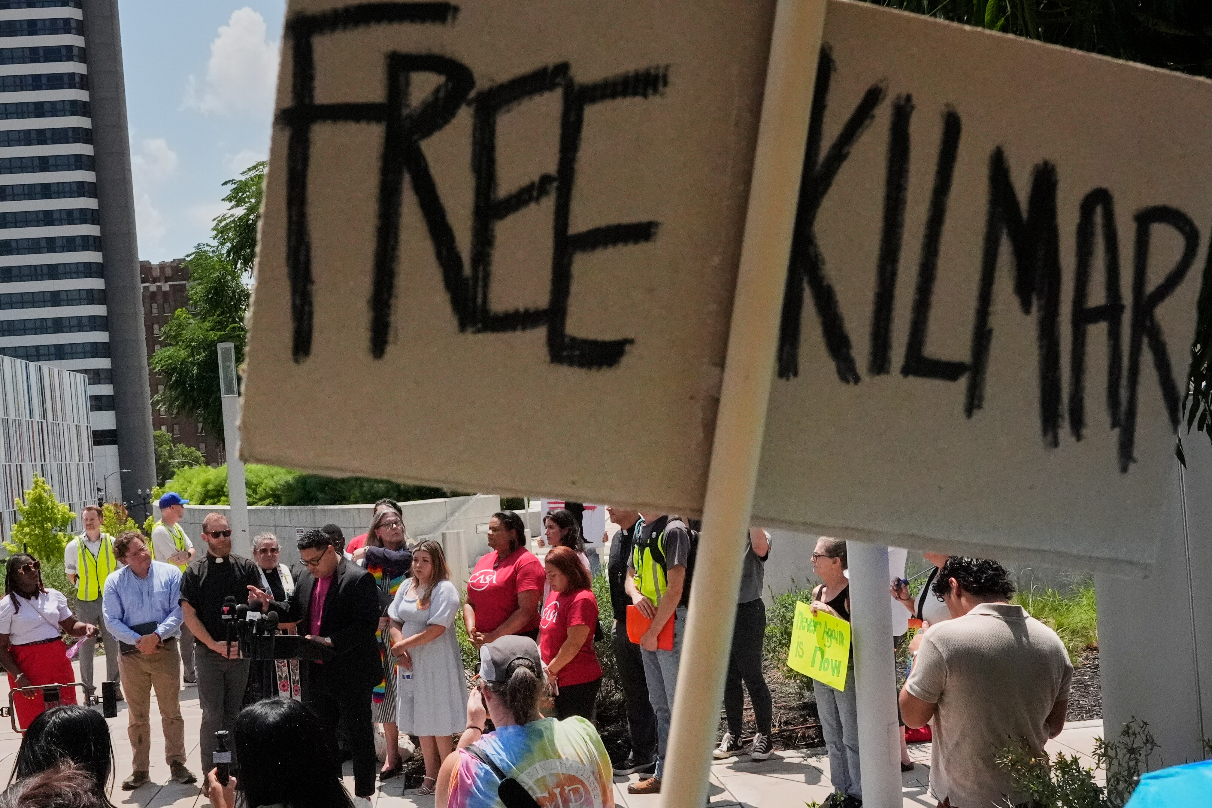 A rally sign is seen during a news conference outside the federal courthouse before a hearing for Kilmar Abrego Garcia, Wednesday, July 16, 2025, in Nashville, Tenn. (AP Photo/George Walker IV)