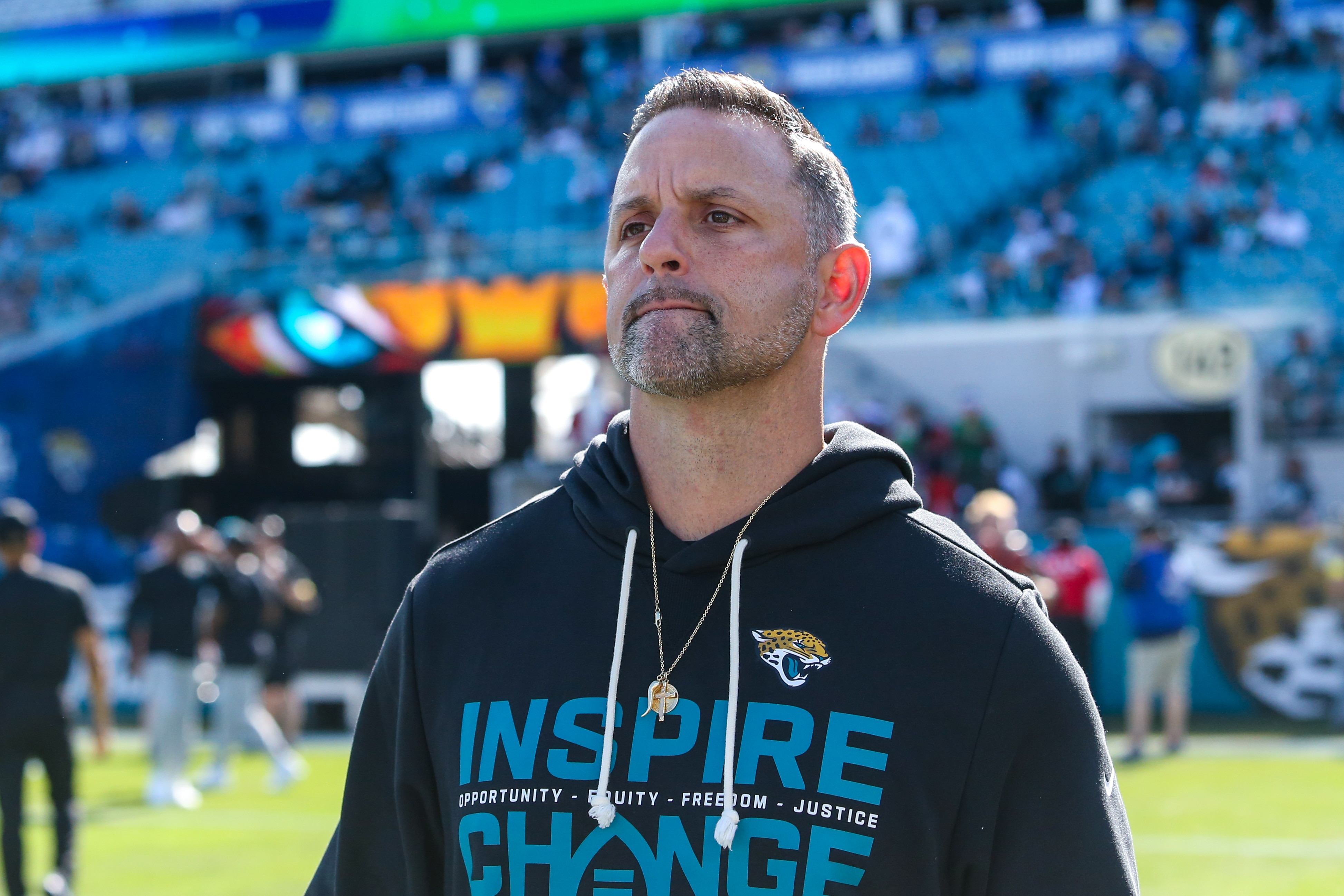 Jacksonville Jaguars defensive coordinator Anthony Campanile walks the field before a game against the New York Jets on Dec. 14, 2025.