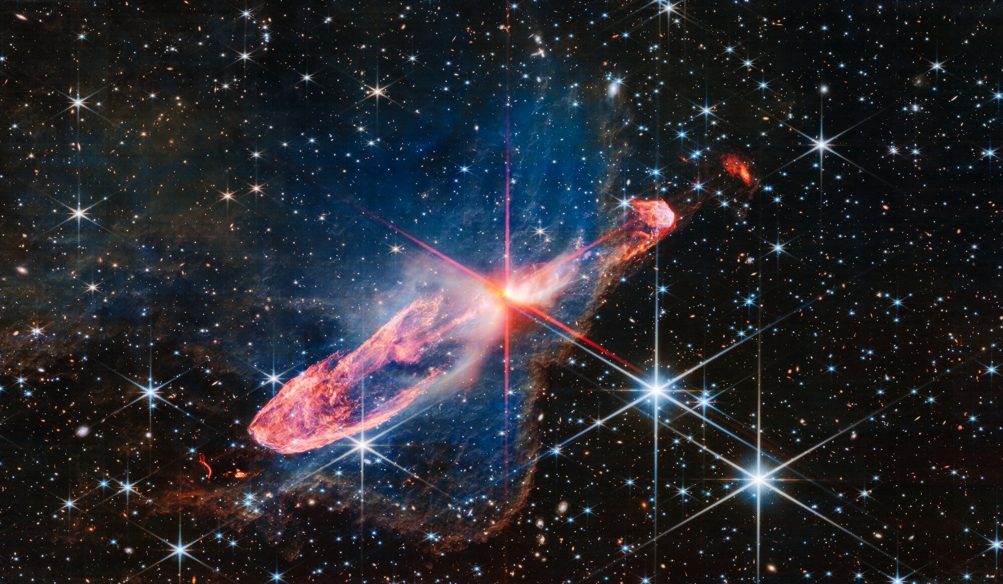 This composite image from the James Webb Space Telescope shows two nearby stars actively forming.