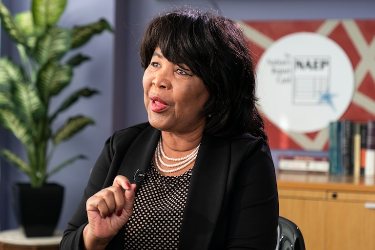 Peggy Carr, Commissioner of the National Center for Education, speaks during an interview with The Associated Press about the National Assessment of Education Process, Friday, Oct. 21, 2022, in Washington. (AP Photo/Alex Brandon)