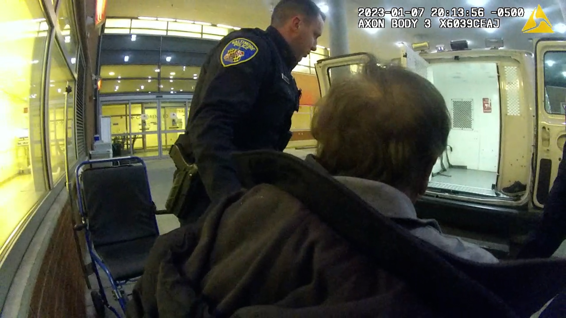 A video still shows officers removing  Paul Bertonazzi from a police van upon arrival at Johns Hopkins Hospital. Bertonazzi died days later after suffering a severed spine while in the hospital’s care.