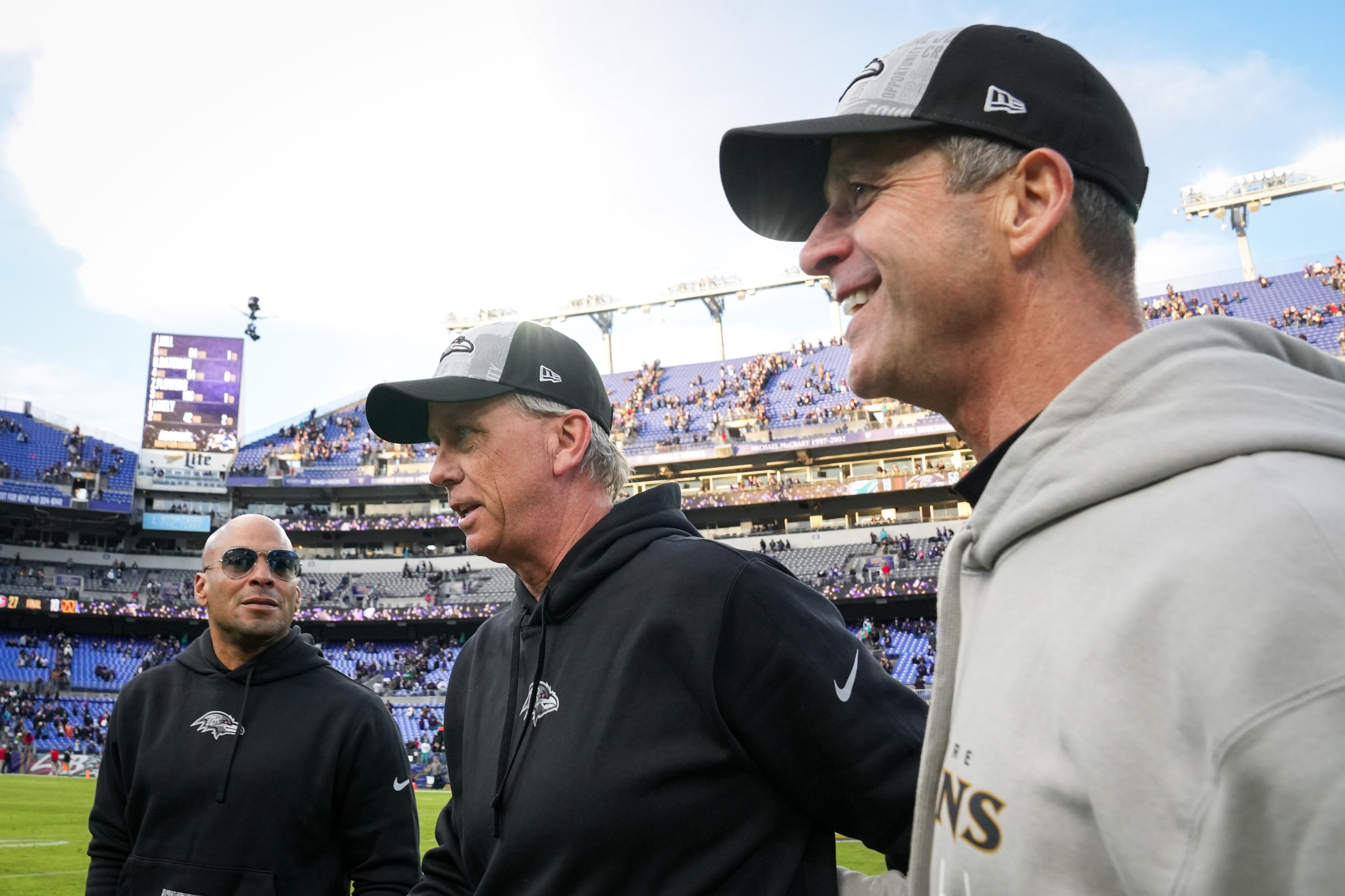 Ravens offensive coordinator Todd Monken (center) had a successful first year in the job — before the team reached the AFC championship game.