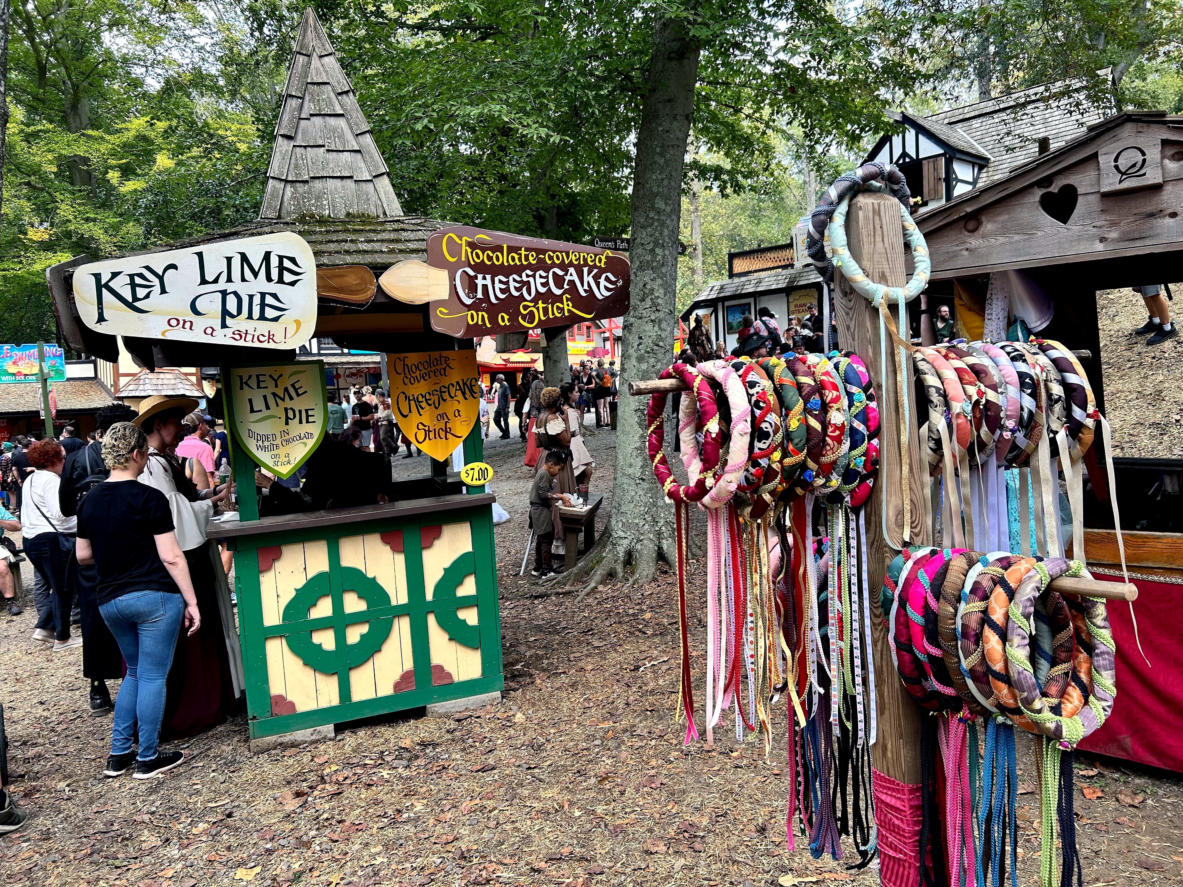 Pie, cheesecake and woven crowns for sale at Maryland Renaissance Festival on Sept. 20, 2025.