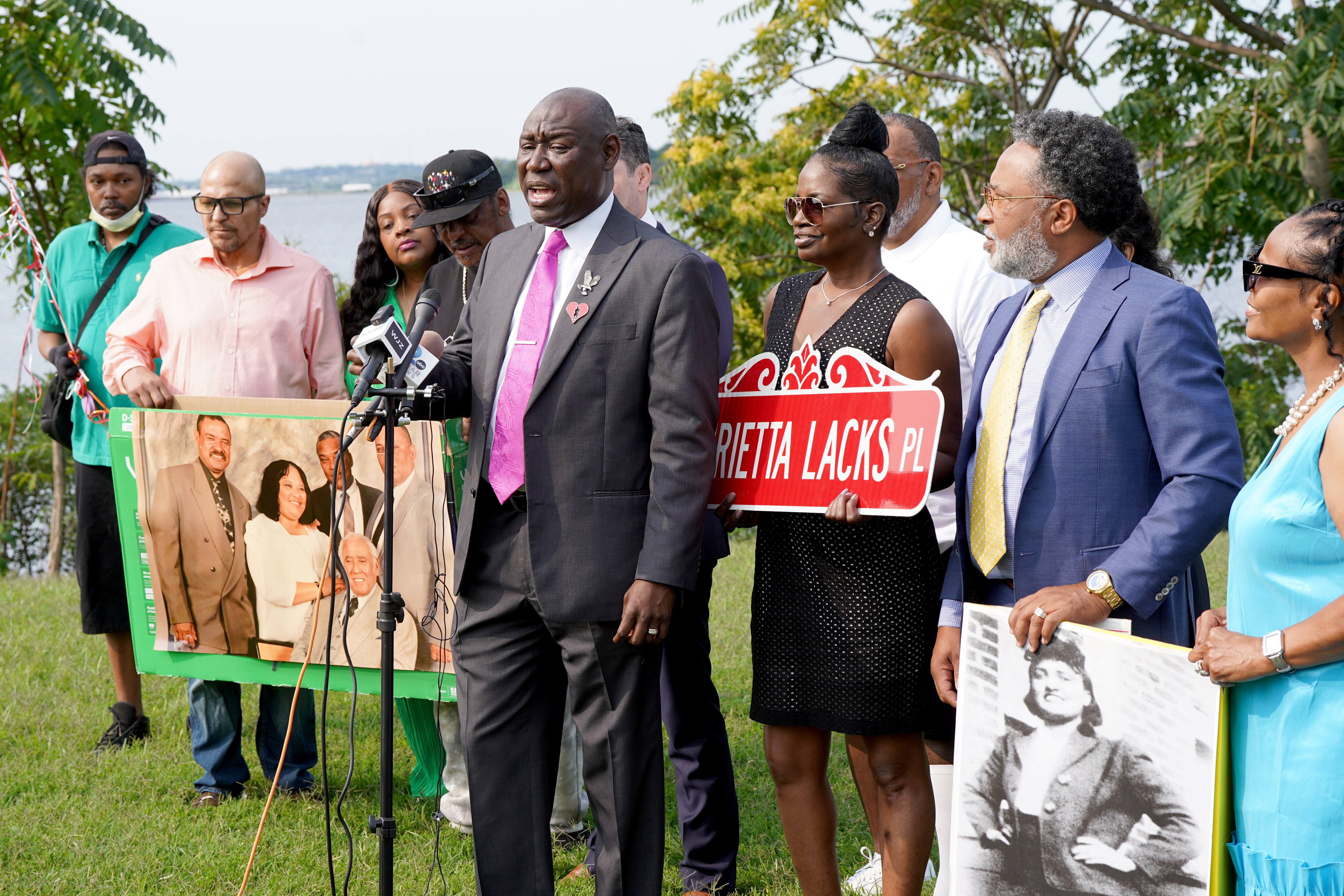 In this photo from Aug. 1, 2023, Henrietta Lacks’ living relatives and their attorney, Ben Crump, appear at a news conference after reaching a settlement in a lawsuit in U.S. District Court against Thermo Fisher Scientific over its routine use of cells that were taken from her decades ago without consent.