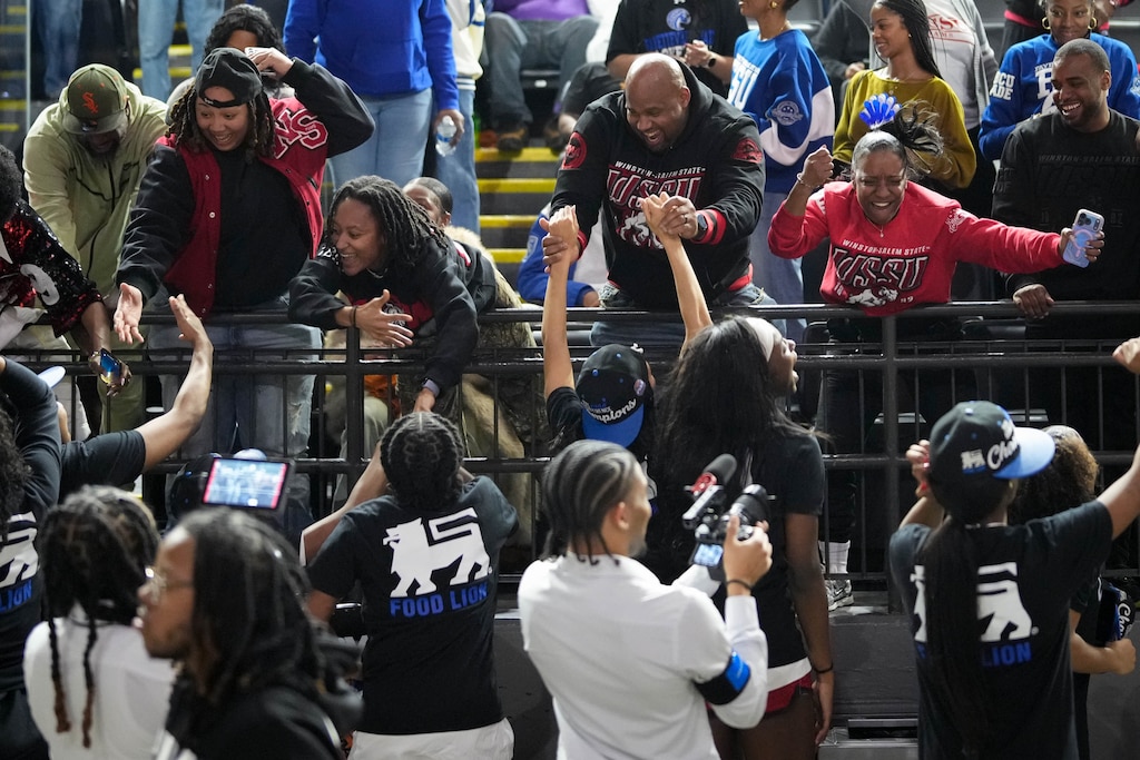 The Winston Salem fan section celebrates with the team after they defeated Fayetteville State in the CIAA Women’s championship game in Baltimore, Md., on Saturday, February 28, 2026.