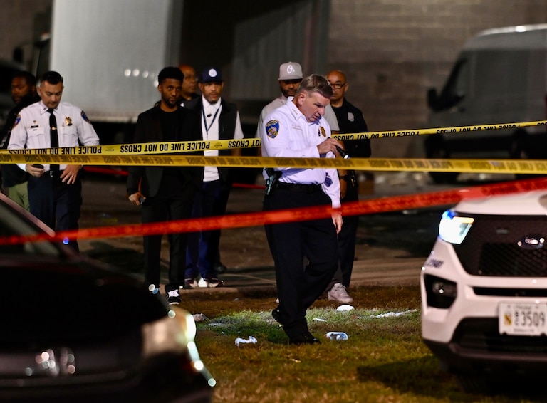 SATURDAY, OCTOBER 3, 2026 - Baltimore Police Commissioner Richard Worley, right, and Mayor Brandon Scott on the scene of a shooting with multiple victims in the 1200 block of North Franklintown Road on Saturday night.