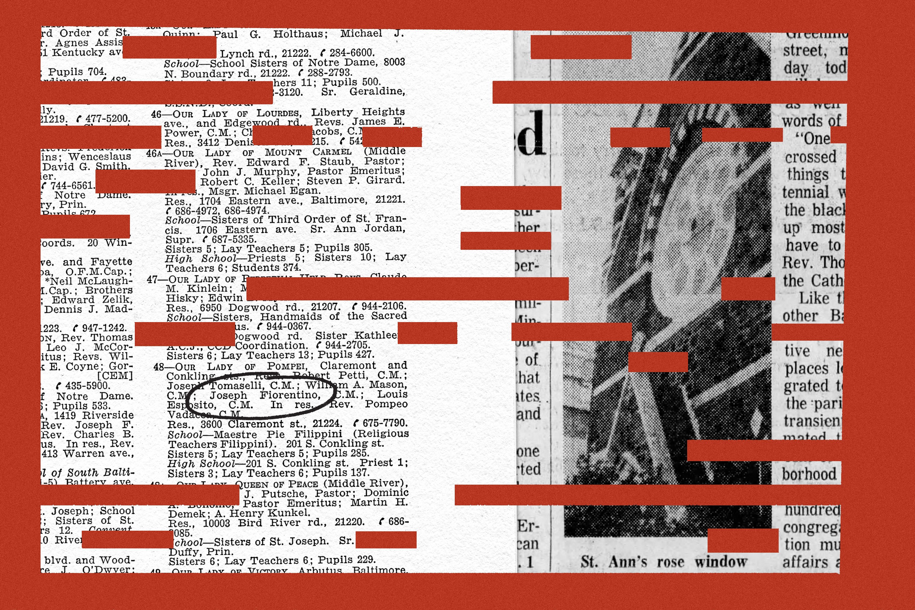 Photo collage of page from Baltimore archdiocese directory of parishes next to page from 1973 newspaper including photo of St. Ann’s in Baltimore, with red border and red redaction marks sprinkled over the image.