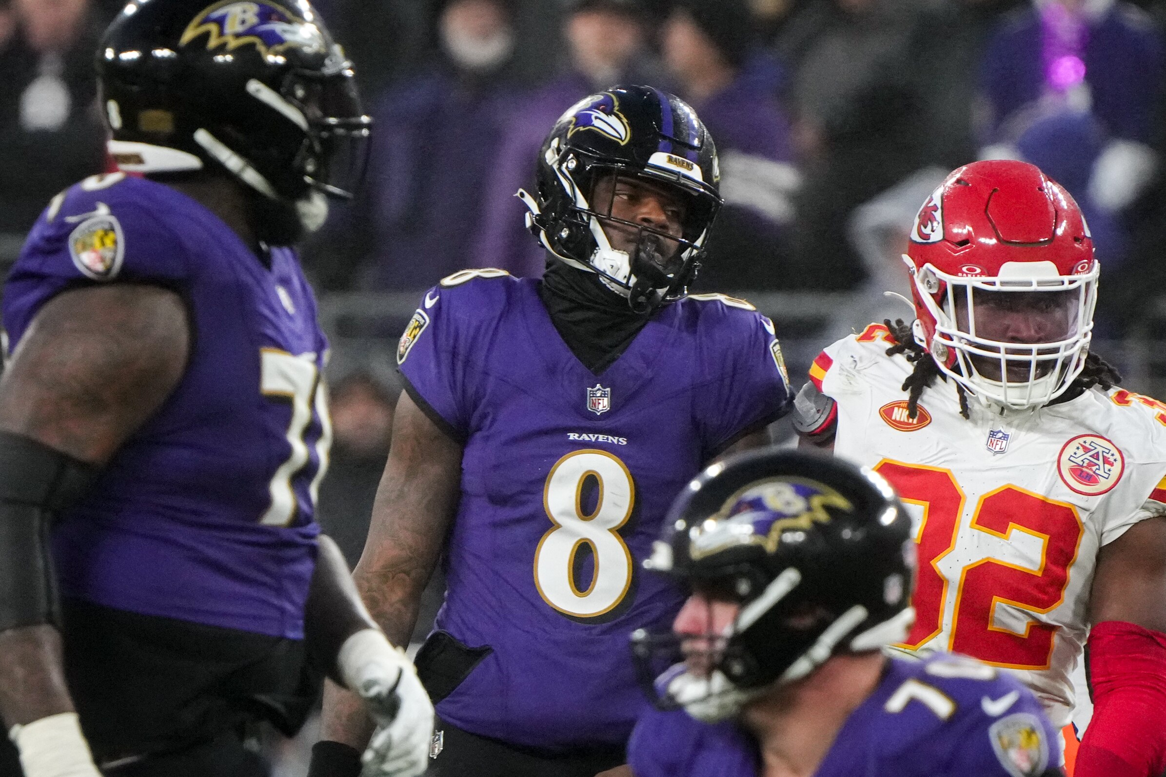 Baltimore Ravens quarterback Lamar Jackson (8) reacts to a penalty during the AFC Championship game against the Kansas City Chiefs at M&T Bank Stadium on Jan. 28, 2024. The Chiefs beat the Ravens, 17-10, to advance to the Super Bowl.