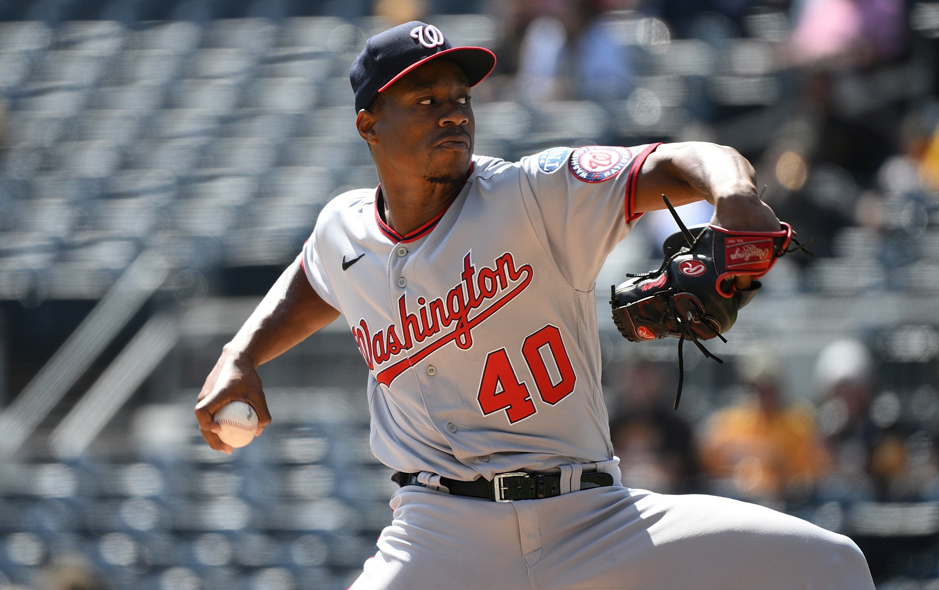 PITTSBURGH, PENNSYLVANIA - SEPTEMBER 14: Josiah Gray #40 of the Washington Nationals delivers a pitch in the first inning during the game against the Pittsburgh Pirates at PNC Park on September 14, 2023 in Pittsburgh, Pennsylvania. (Photo by Justin Berl/Getty Images)