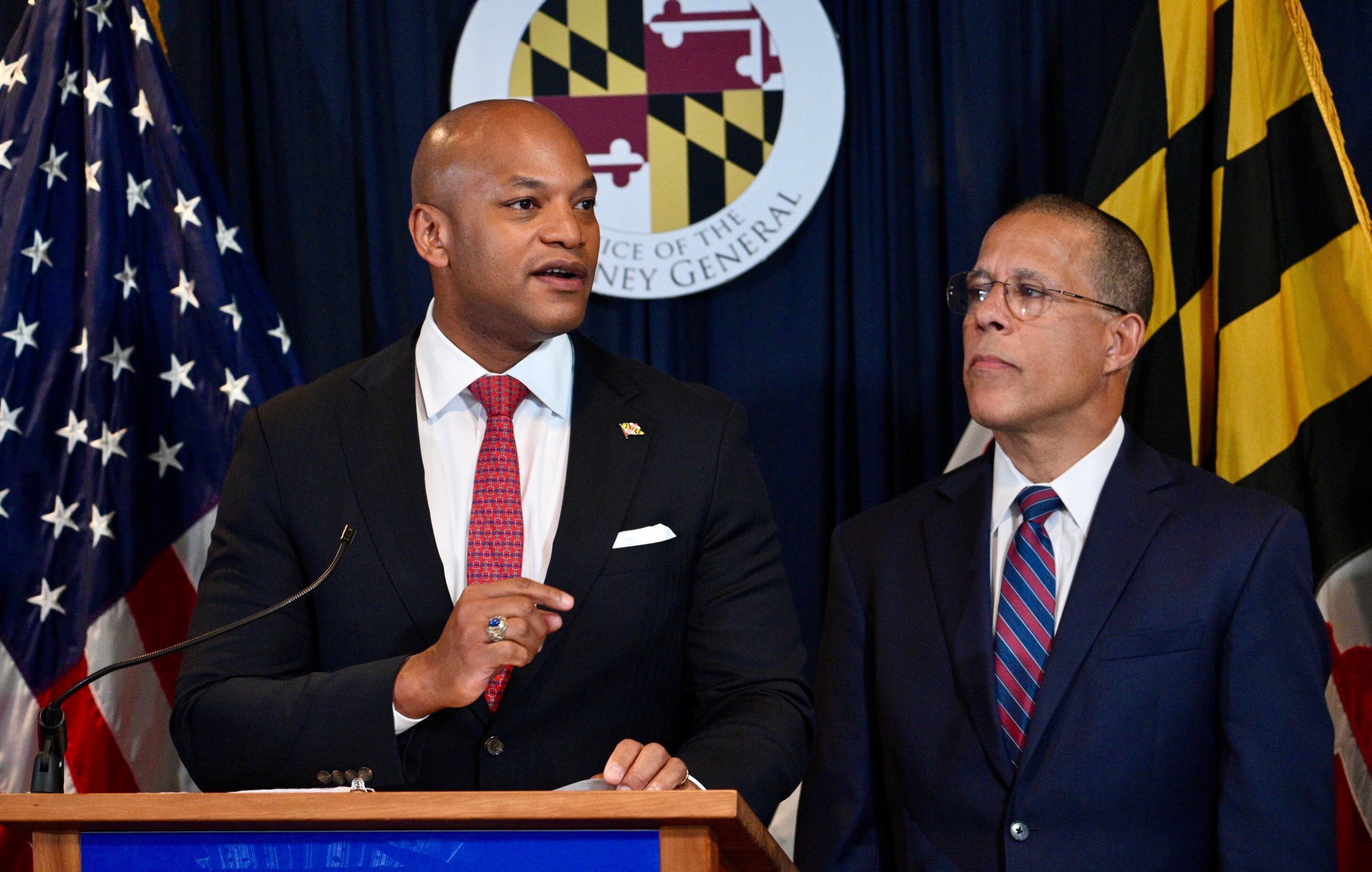 Maryland Gov. Wes Moore and Attorney General Anthony Brown discuss the state’s lawsuit against the companies that own and manage the Dali cargo ship that smashed into the Francis Scott Key Bridge in March.