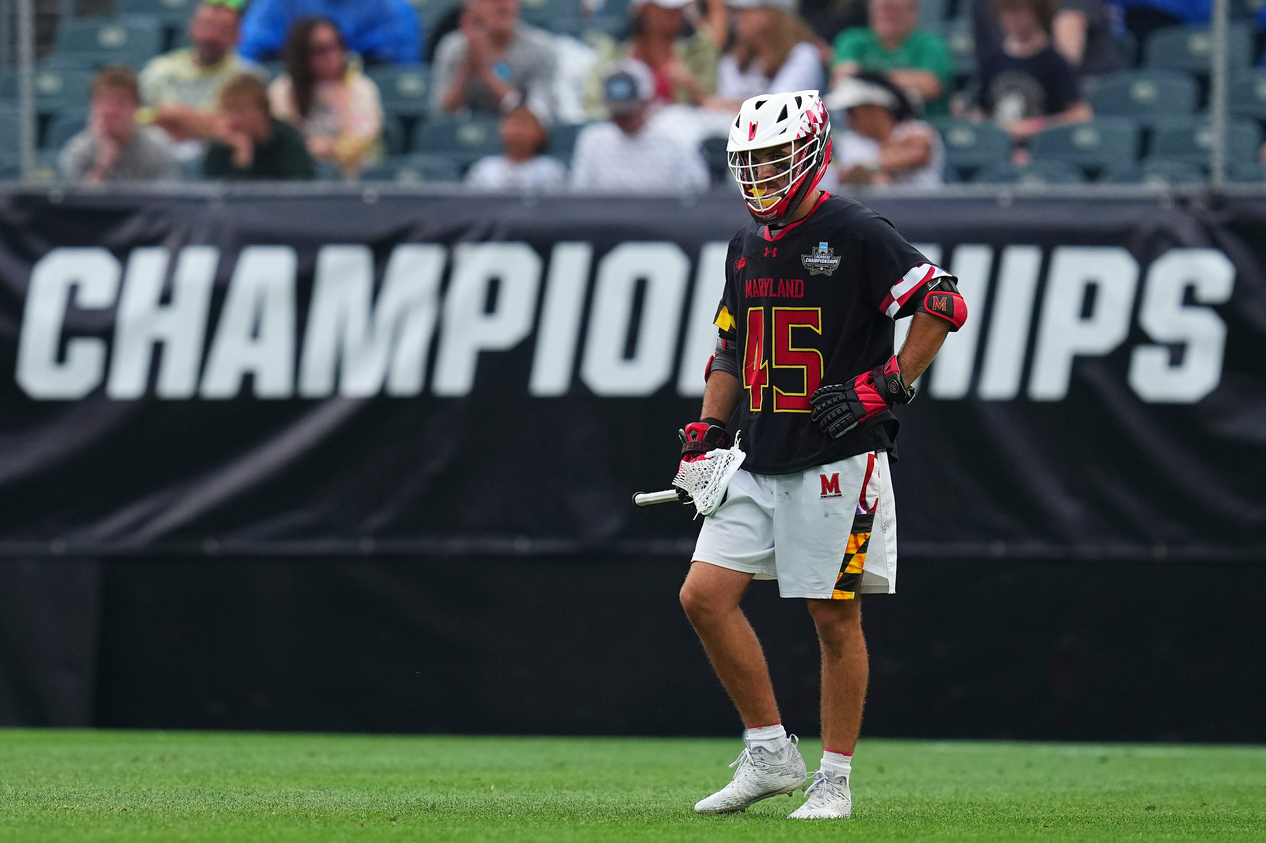 Daniel Kelly of the Maryland Terrapins looks on against the Notre Dame Fighting Irish. The Terps lost the national title game 15-5 in Philadelphia on Memorial Day.