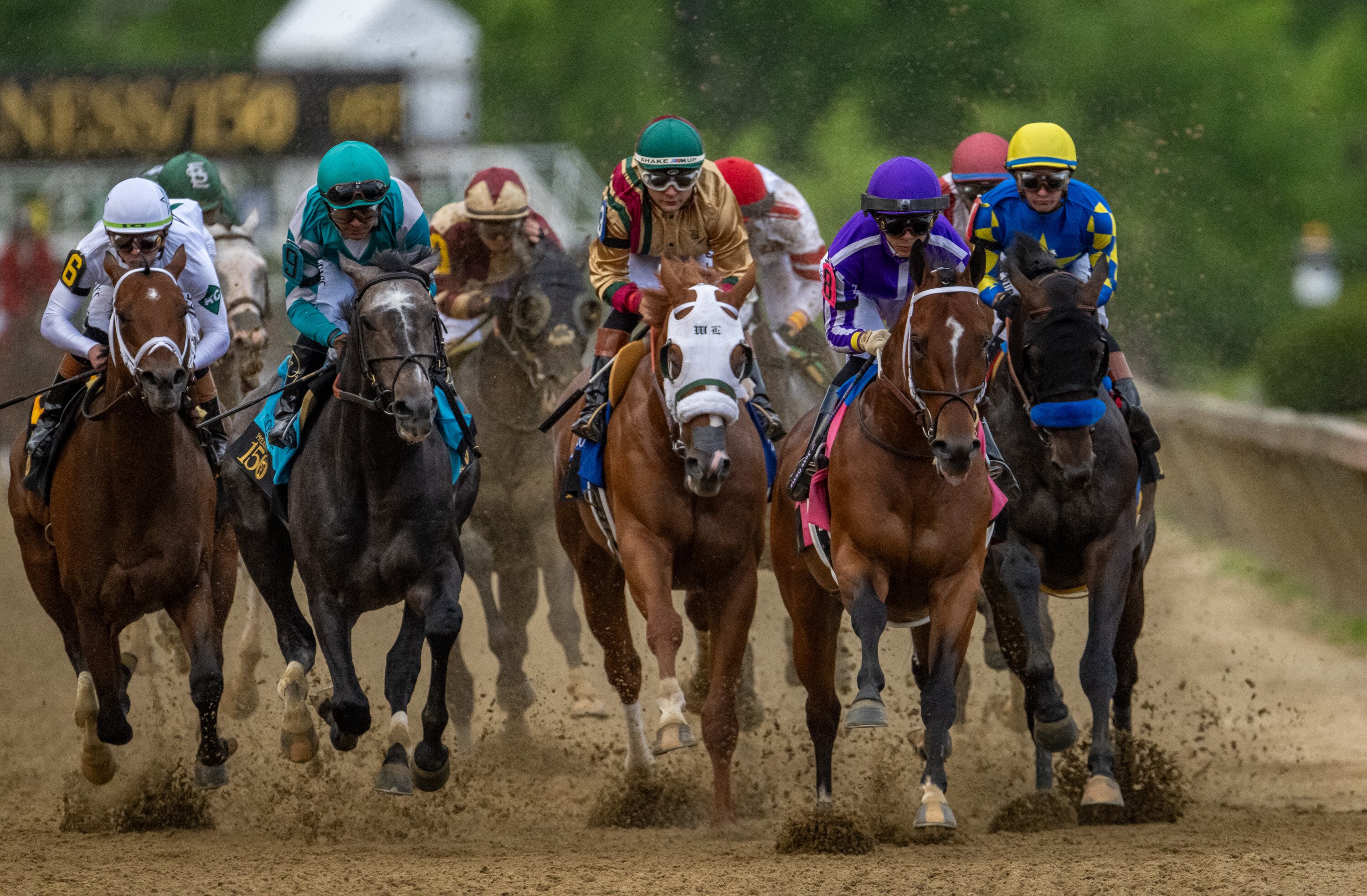 Horses bunch up in the starting stretch of the 150th Preakness Stakes on Saturday, May 17, 2025. American Promise #3, ridden by Nik Juarez, rides in the middle of the pack.