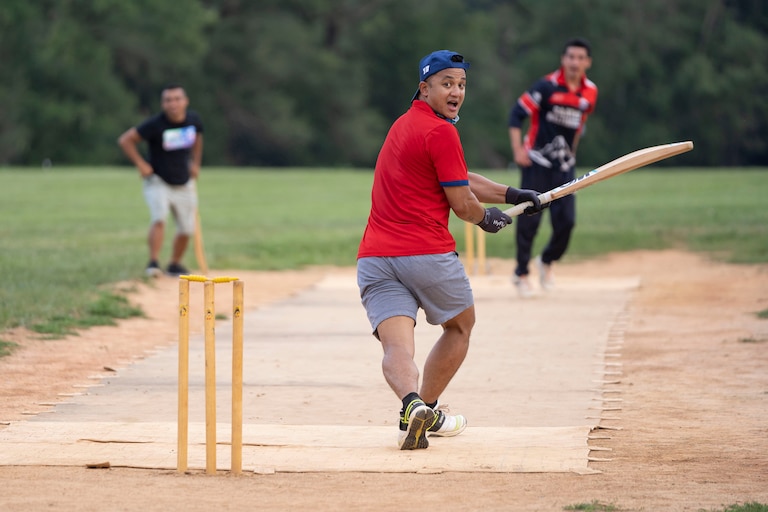 Vice Captain Sumir Shrestha watches as the ball flies behind him after he swung the bat July 27.
