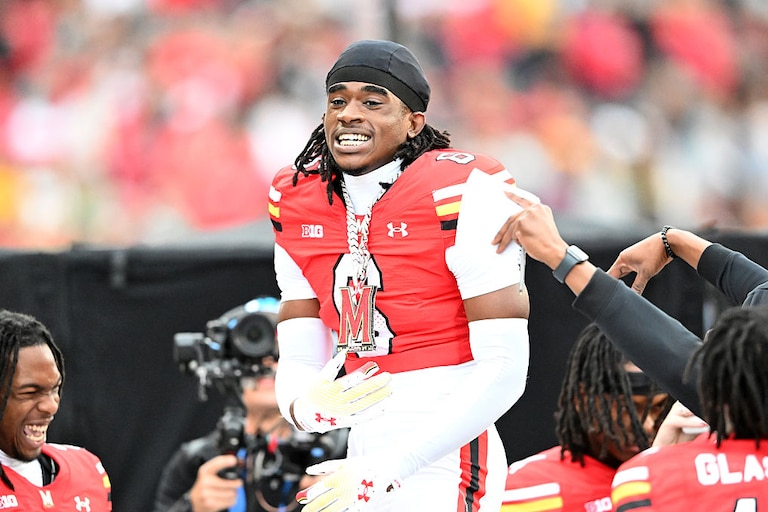 Maryland defensive back Dontay Joyner celebrates after returning an interception for a touchdown against the Nebraska Cornhuskers on Oct. 11, 2025.
