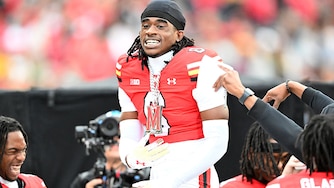 Maryland defensive back Dontay Joyner celebrates after returning an interception for a touchdown against the Nebraska Cornhuskers on Oct. 11, 2025.