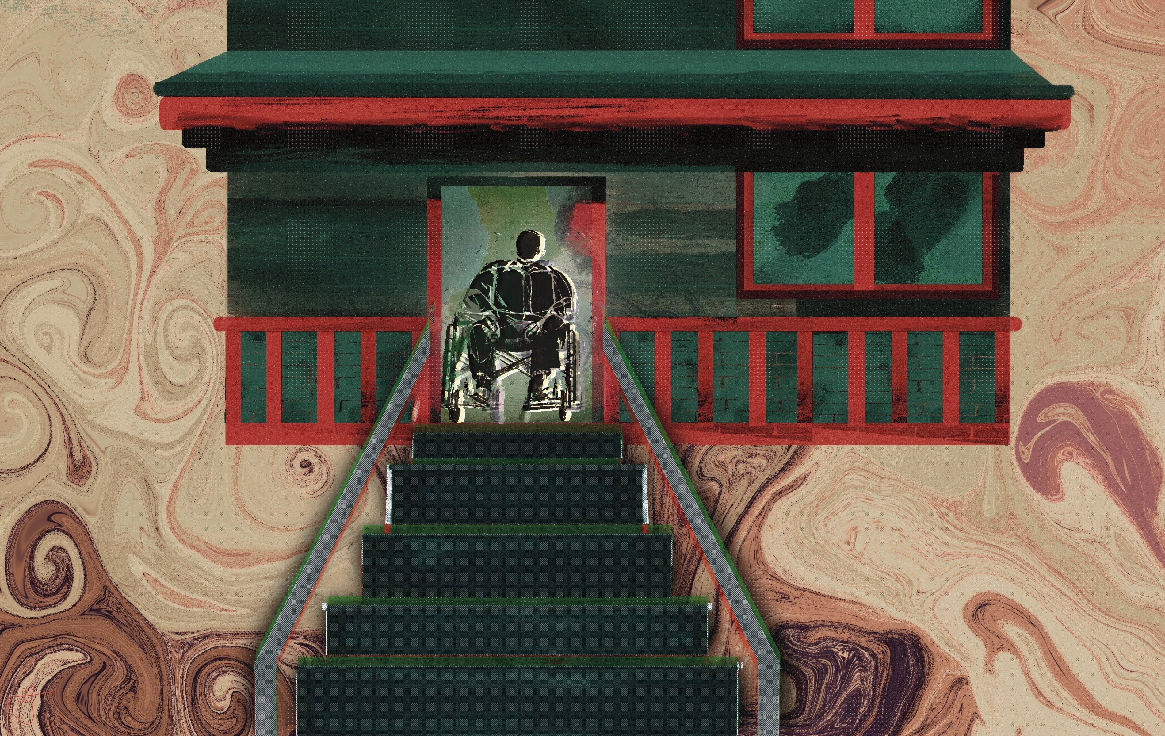 An illustration of a person who uses a wheelchair at the top of their home’s stairs.