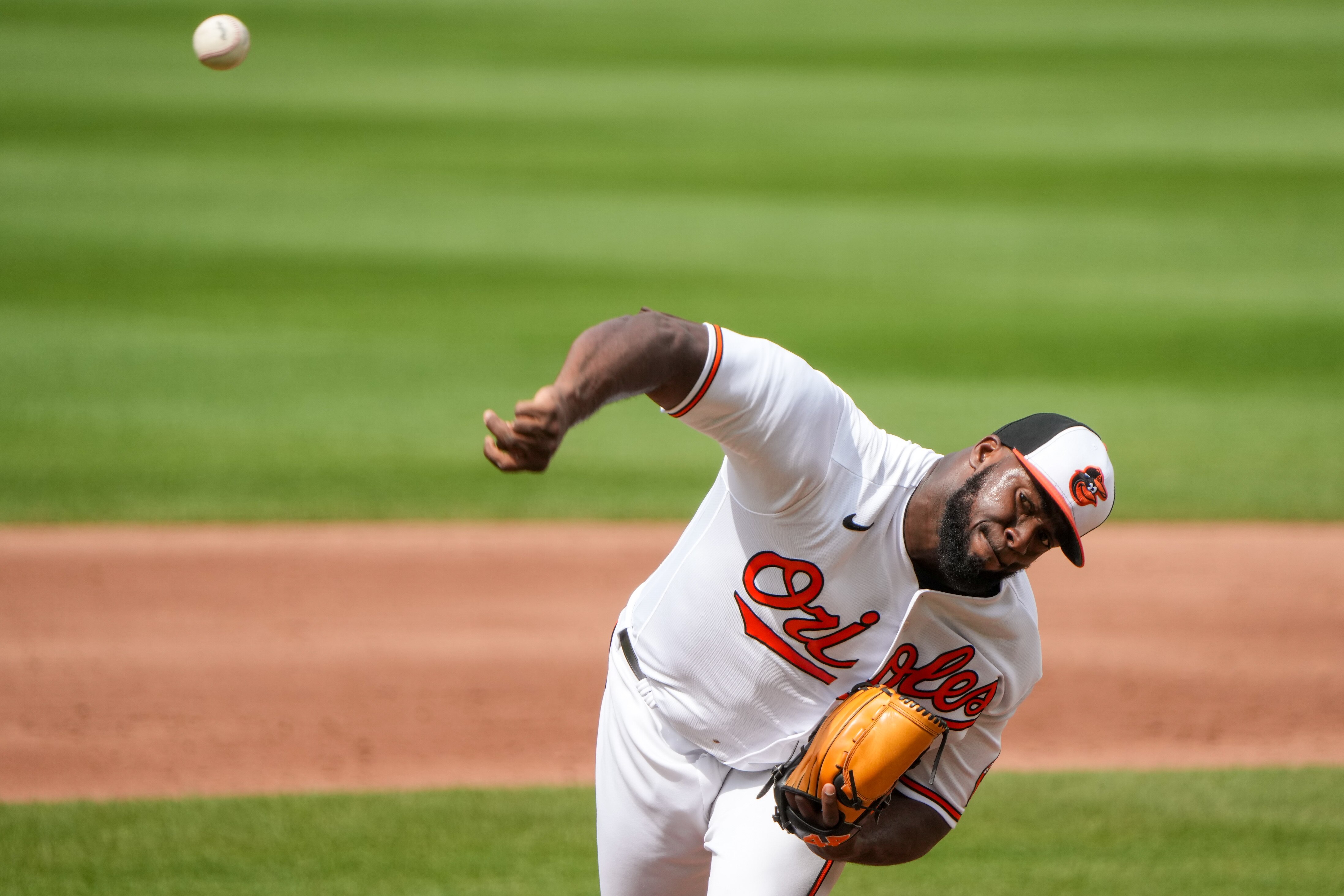 Baltimore Orioles relief pitcher Felix Bautista (74) pitches in the ninth inning of a baseball game against the Houston Astros at Oriole Park at Camden Yards in Baltimore on August 10, 2023.