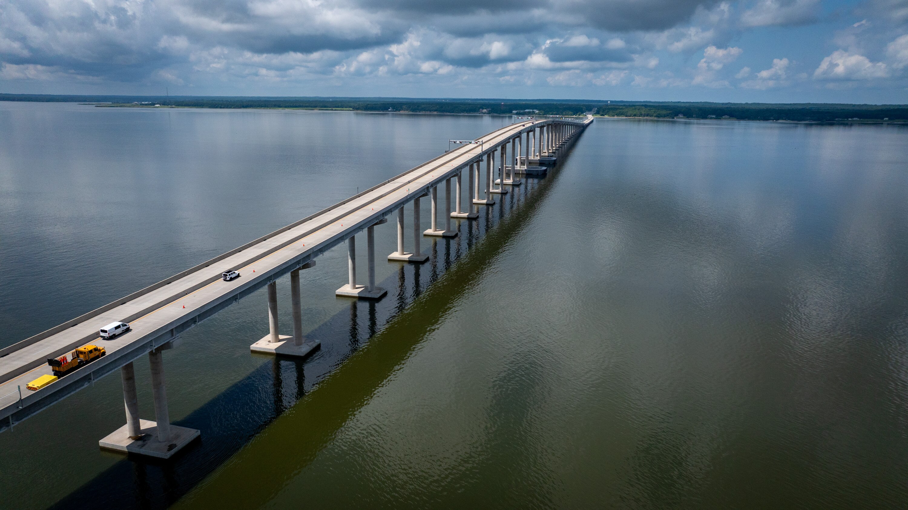 Motorists cross the Harry W. Nice Memorial/Senator Thomas “Mac” Middleton Bridge on US 301 over the Potomac River between between Newburg, Maryland and Dahlgren, Virginia.