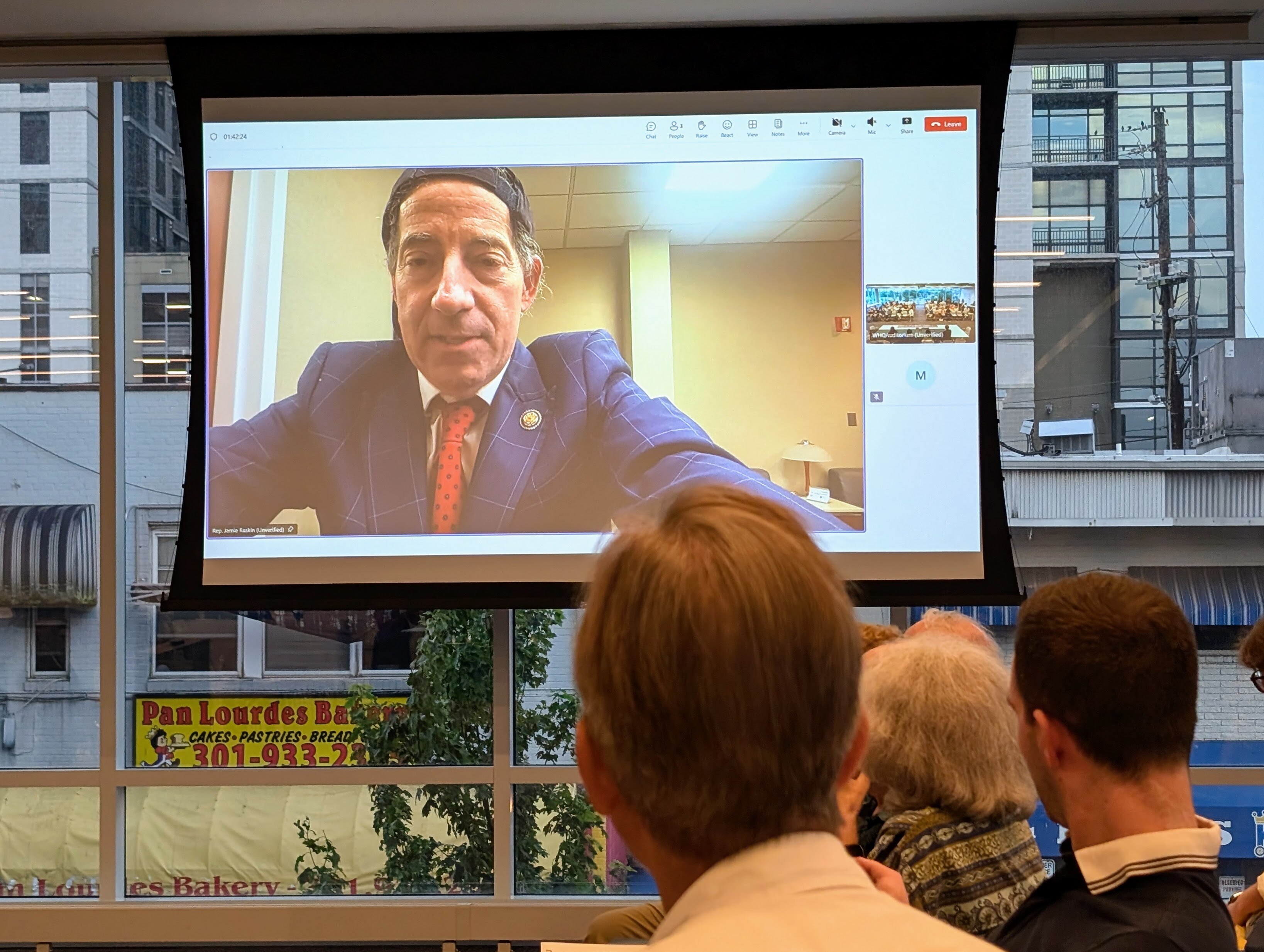 U.S. Rep. Jamie Raskin calls in from an American Airlines lounge at Reagan National Airport to join an ACLU forum on threats to free speech.
