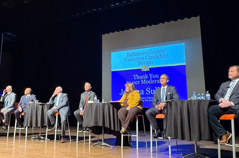 APRIL 29, 2026 - Baltimore County Executive candidates take to the stage at Goucher College. From left: Rob Daniels, Julian Jones, Izzy Patoka, Mansoor Shams, Kimberley Stansbury, Nick Stewart, and Pat Young.