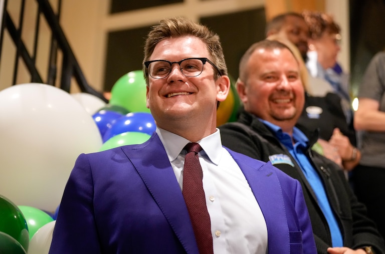 Annapolis Alderman Brooks Schandelmeier, representing Ward 5, listens during newly-elected U.S. Congresswoman Sarah Elfreth’s election night victory speech in the Atreeum at Soaring Timbers in Annapolis, Md., on Election Day, Tuesday, November 5, 2024.