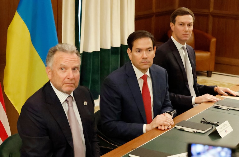Special Envoy Steve Witkoff, left, Secretary of State Marco Rubio, center, and Jared Kushner attend a meeting with Ukrainian officials Sunday, Nov. 30, 2025, in Hallandale Beach, Fla.