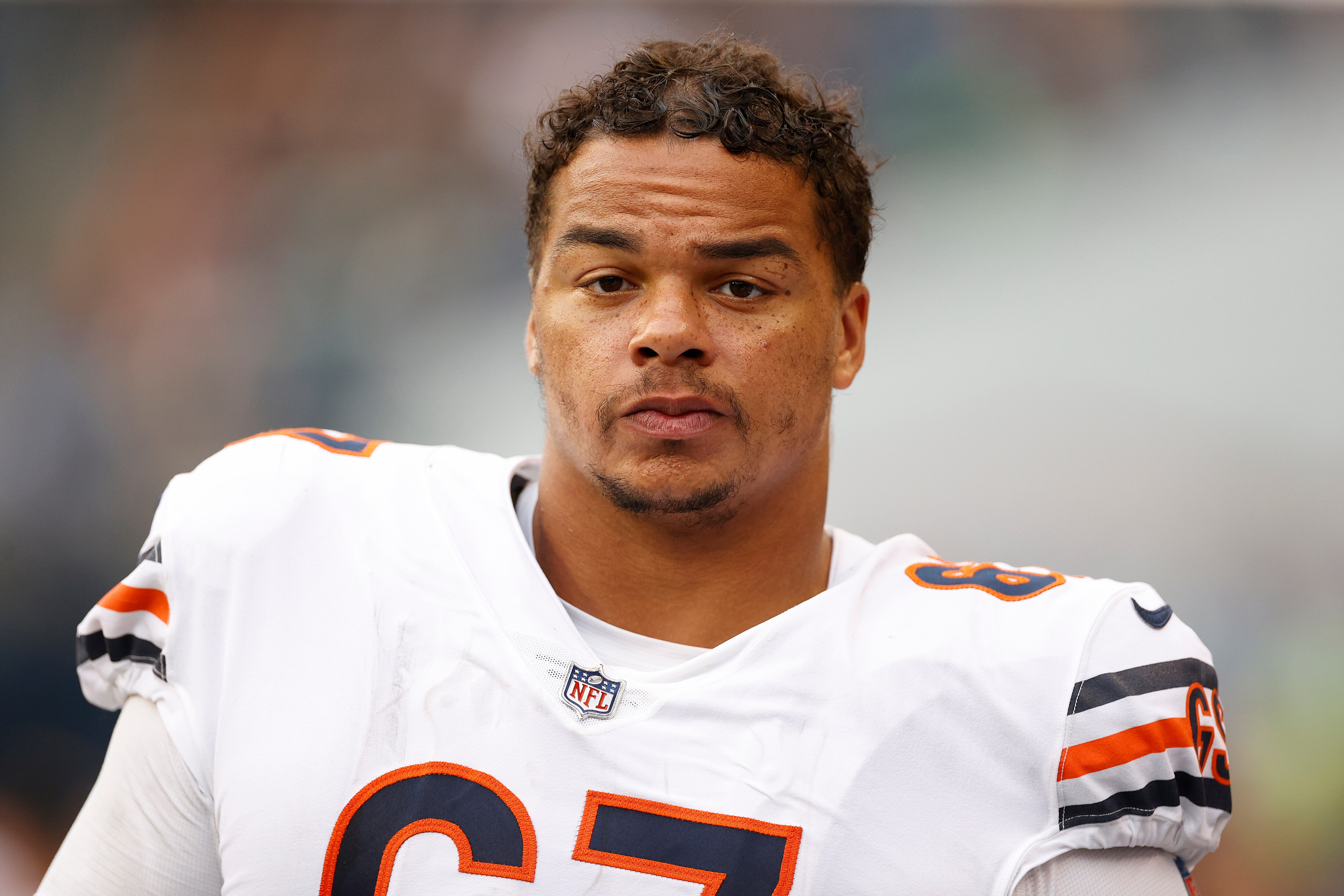 Sam Mustipher #67 of the Chicago Bears looks on in the second half during the preseason game between the Seattle Seahawks and the Chicago Bears at Lumen Field on August 18, 2022 in Seattle, Washington.