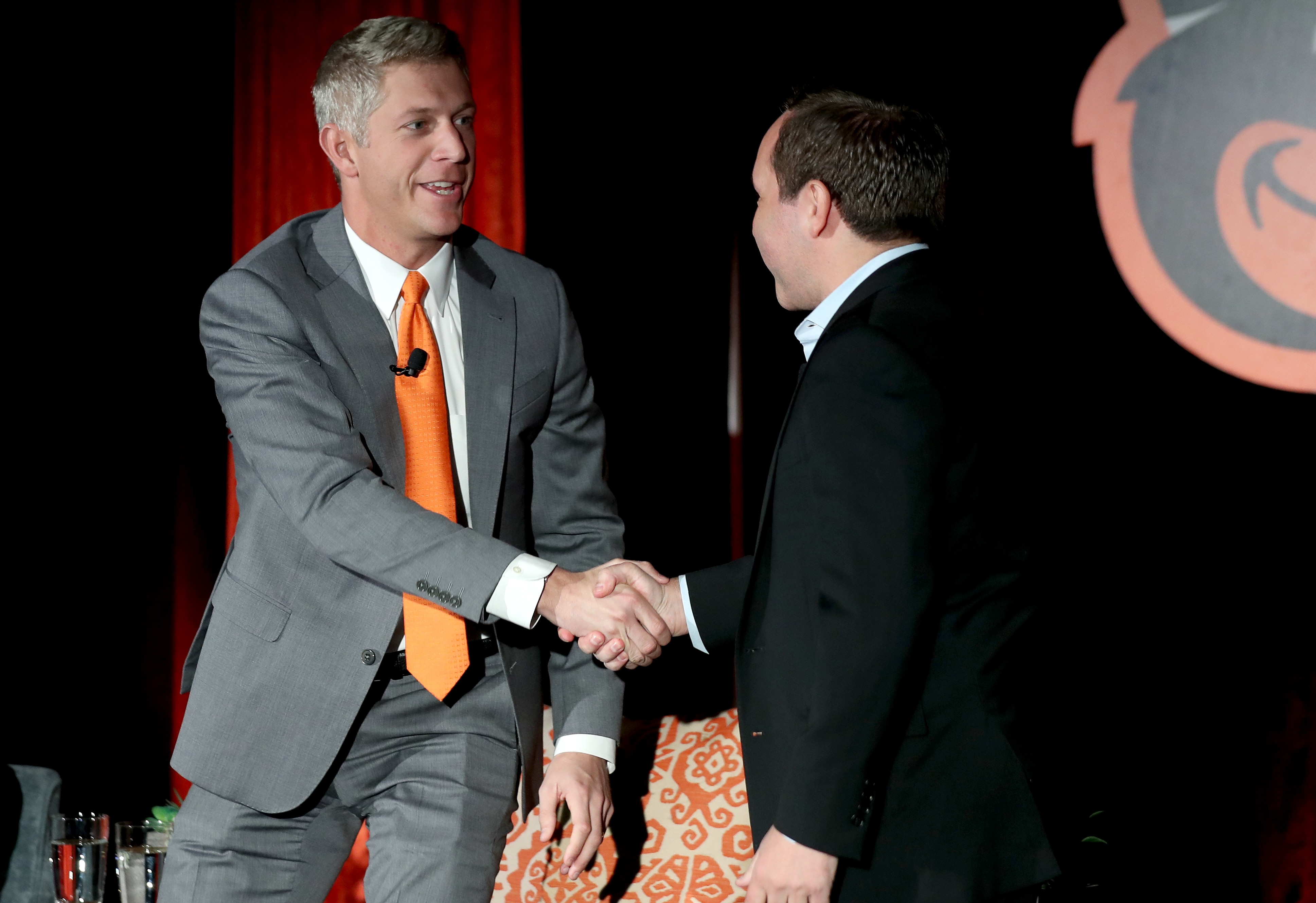 Orioles chairman John Angelos (right) introduces Mike Elias as the club's executive vice president and general manager on Nov. 19, 2018.