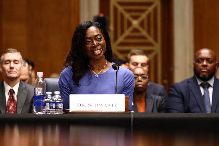 WASHINGTON, DC - JULY 15: Erica Schwartz attends her confirmation hearing to become director of the Centers for Disease Control and Prevention with the Senate Health, Education, Labor and Pensions Committee on Capitol Hill July 15, 2026 in Washington, DC. Schwartz, President Trump's pick to lead the CDC, would fill the position left vacant since August 2025 when Trump ousted former CDC Director Dr. Susan Monarez. (Photo by Finn Gomez/Getty Images)