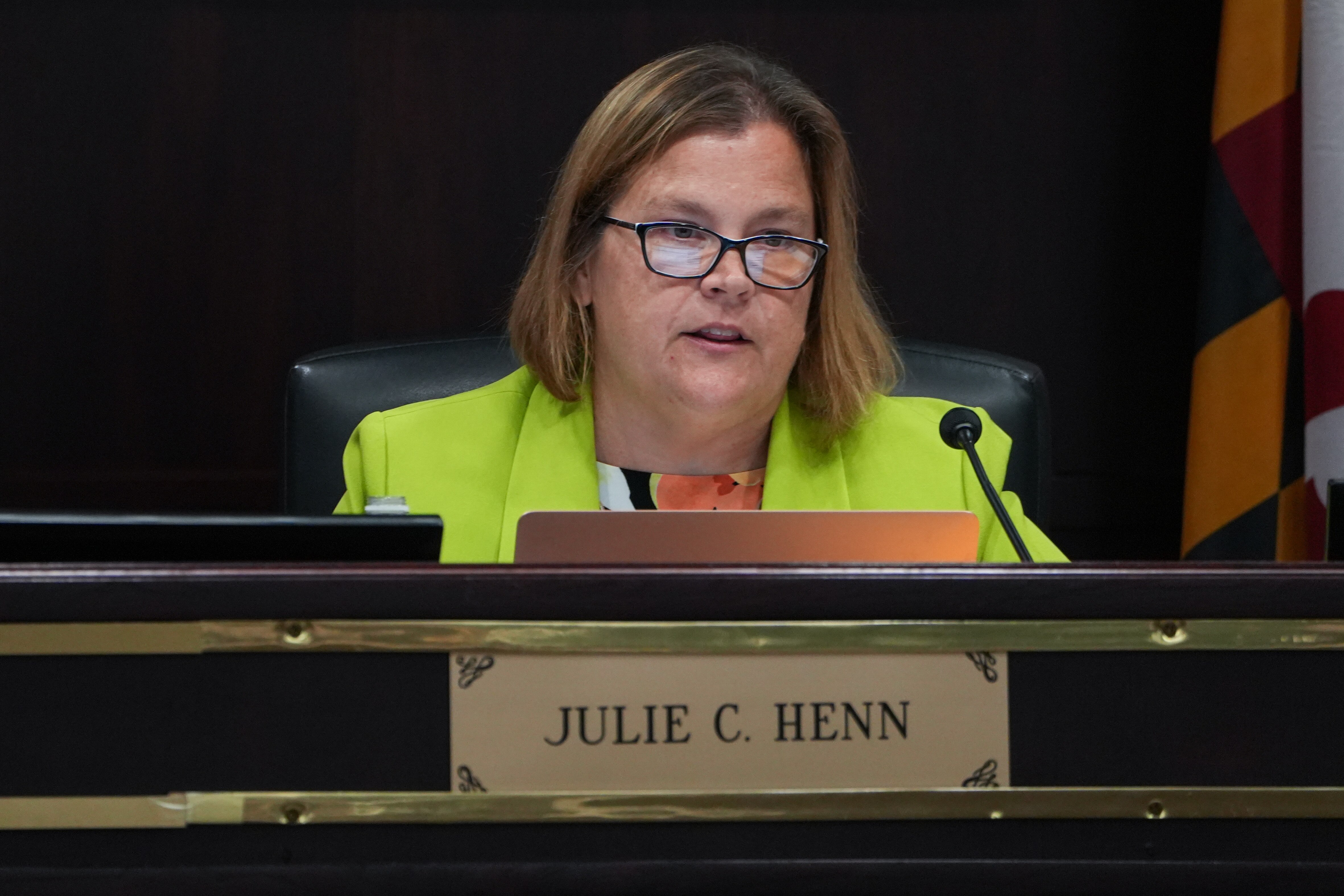 Julie Henn, Chair of the Baltimore County Board of Education, speaks during their bi-weekly meeting at the Greenwood Campus on 8/23/22.