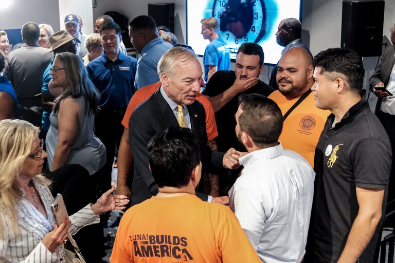 Maryland gubernatorial candidate Peter Franchot speaks with supporters during a primary night watch party on July 19, 2022 in Bowie, Maryland. Peter Franchot is competing against Wes Moore and Tom Perez in the Democratic primary for governor.