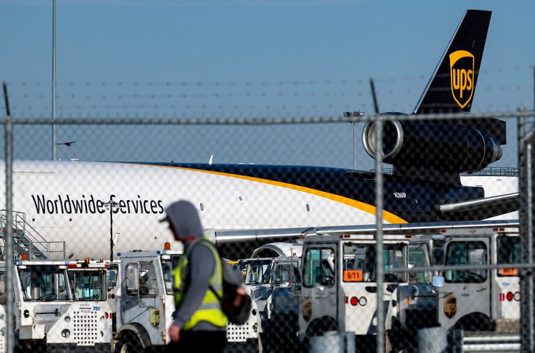 LOUISVILLE, KENTUCKY - NOVEMBER 5: A UPS MD-11 cargo plane sits idle on the tarmac on November 5, 2025 at Muhammad Ali International Airport in Louisville, Kentucky. The same type of plane crashed near the UPS facility at the airport shortly after take-off on November 4, killing at least nine people.