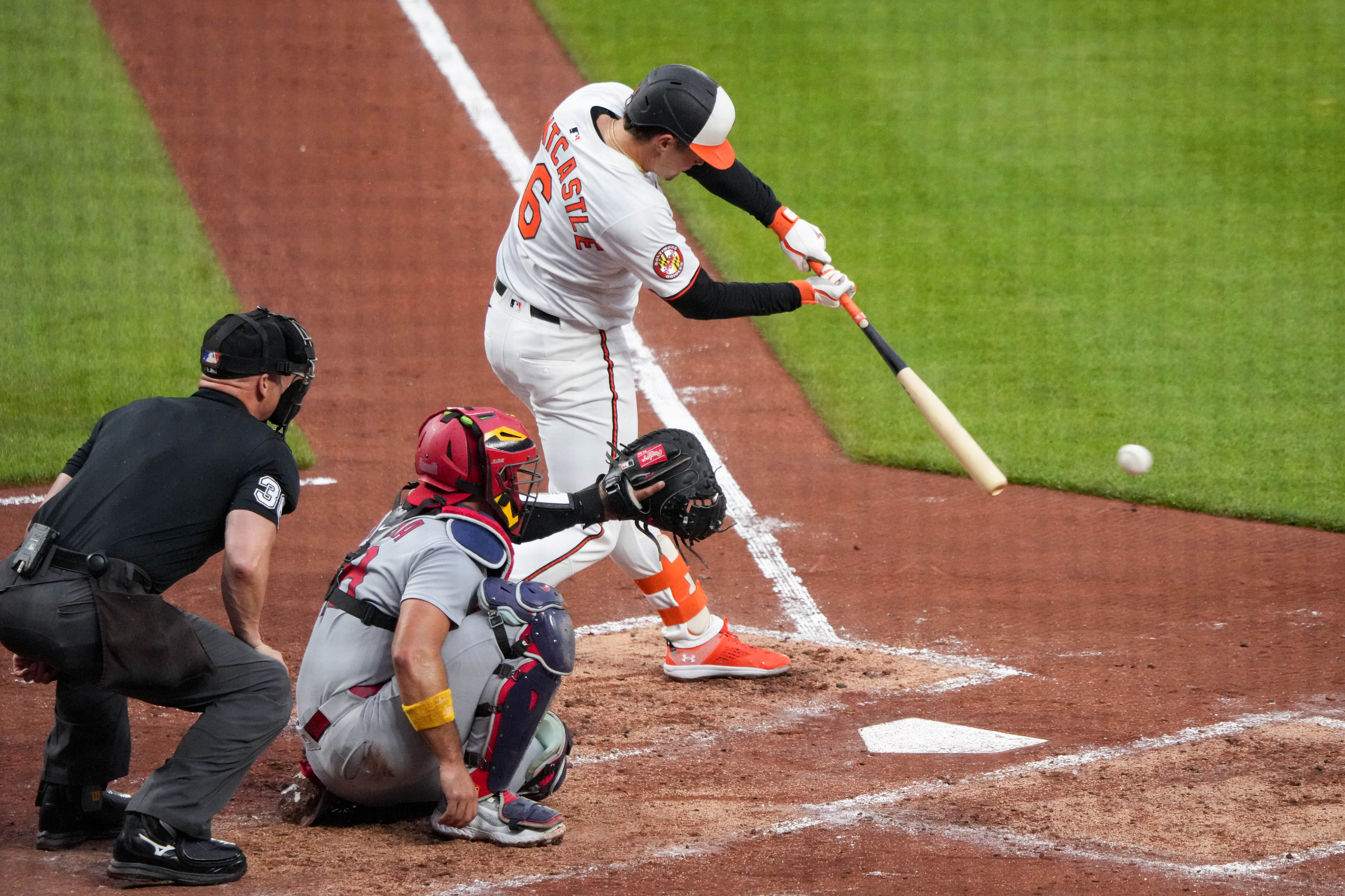 First baseman Ryan Mountcastle doubles to right field against the St. Louis Cardinals on Tuesday.