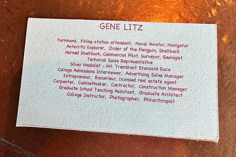 A business card Gene Litz once printed to list all the titles he accumulated.