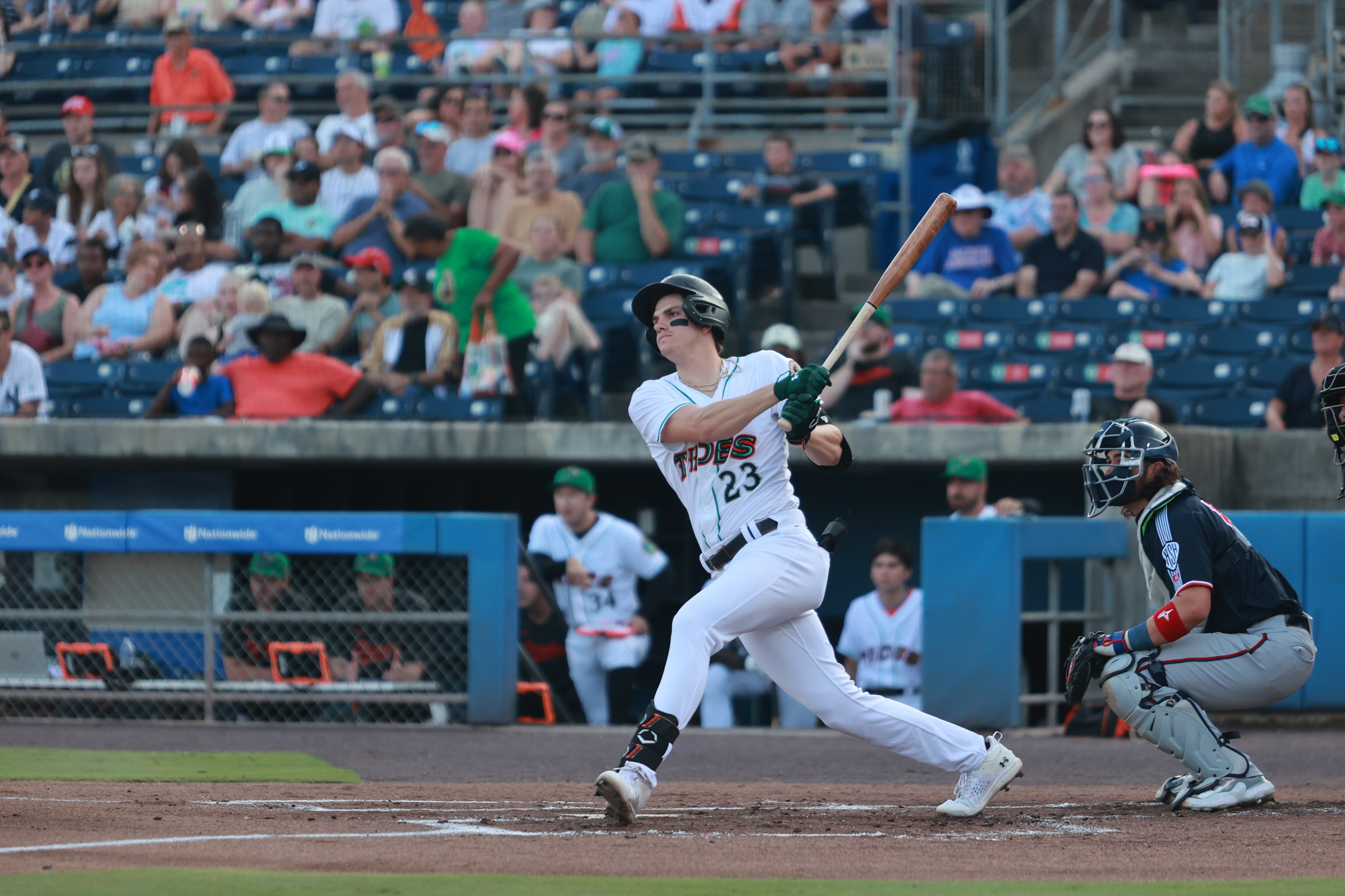 Orioles prospect Coby Mayo swings in a July 25 game for the Norfolk Tides.