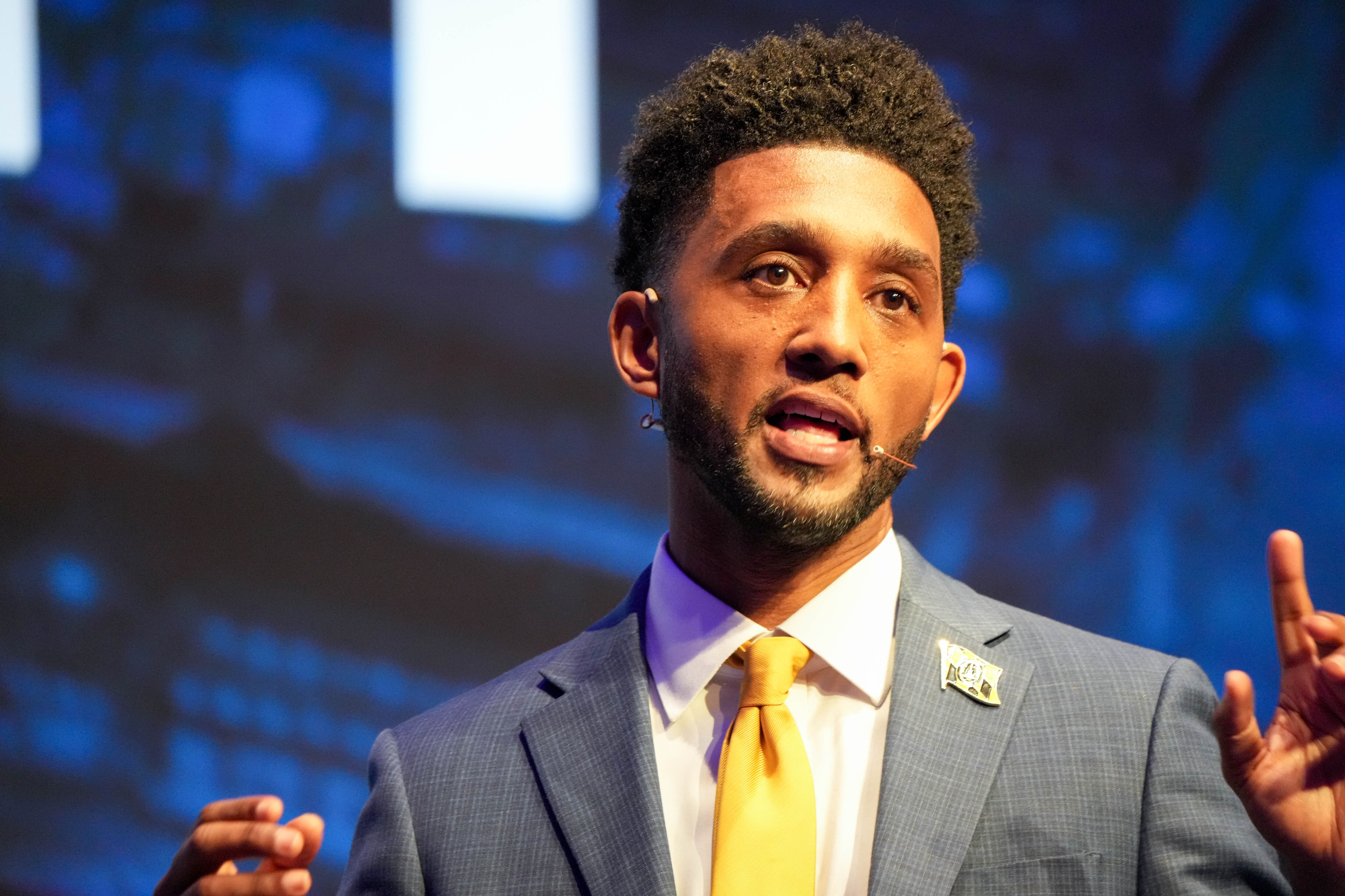 Baltimore City Mayor Brandon Scott delivers his 2025 State of the City address at the France Merrick Performing Arts Center in downtown Baltimore on Monday, April 21, 2025